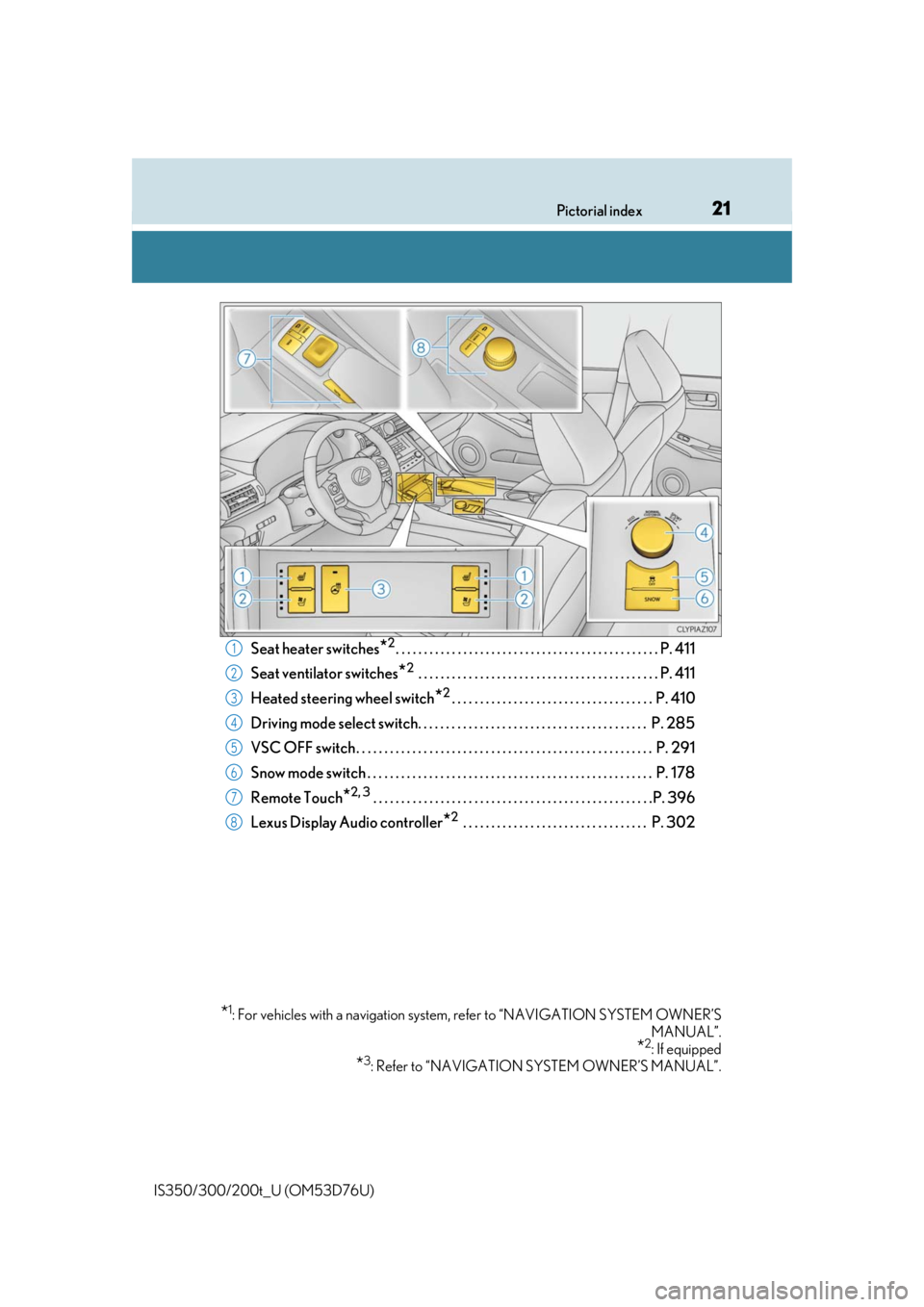 Lexus IS350 2017  Owners Manual / LEXUS 2017 IS200T,IS300,IS350 OWNERS MANUAL (OM53D76U) 21Pictorial index
IS350/300/200t_U (OM53D76U)
Seat heater switches*2. . . . . . . . . . . . . . . . . . . . . . . . . . . . . . . . . . . . . . . . . . . . . . . P. 411
Seat ventilator switches
*2 . .