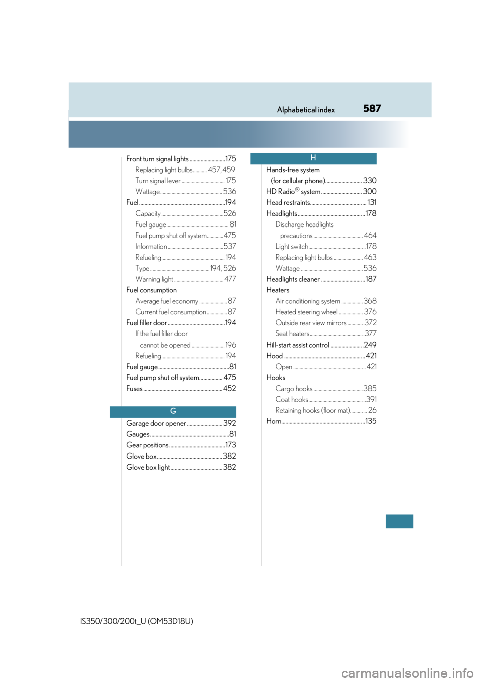 Lexus IS350 2016  Owners Manual / LEXUS 2016 IS200T,IS300,IS350 OWNERS MANUAL (OM53D18U) 587Alphabetical index
IS350/300/200t_U (OM53D18U)
Front turn signal lights .......................... 175Replacing light bulbs ........... 457, 459 
Turn signal lever .................................
