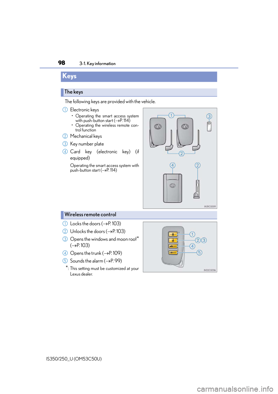 Lexus IS350 2015  Owners Manual / LEXUS 2015 IS250/350 OWNERS MANUAL (OM53C50U) 98
IS350/250_U (OM53C50U)3-1. Key information
The following keys are provided with the vehicle.
Electronic keys
• Operating the smart access systemwith push-button start ( P. 114)
• Operating t