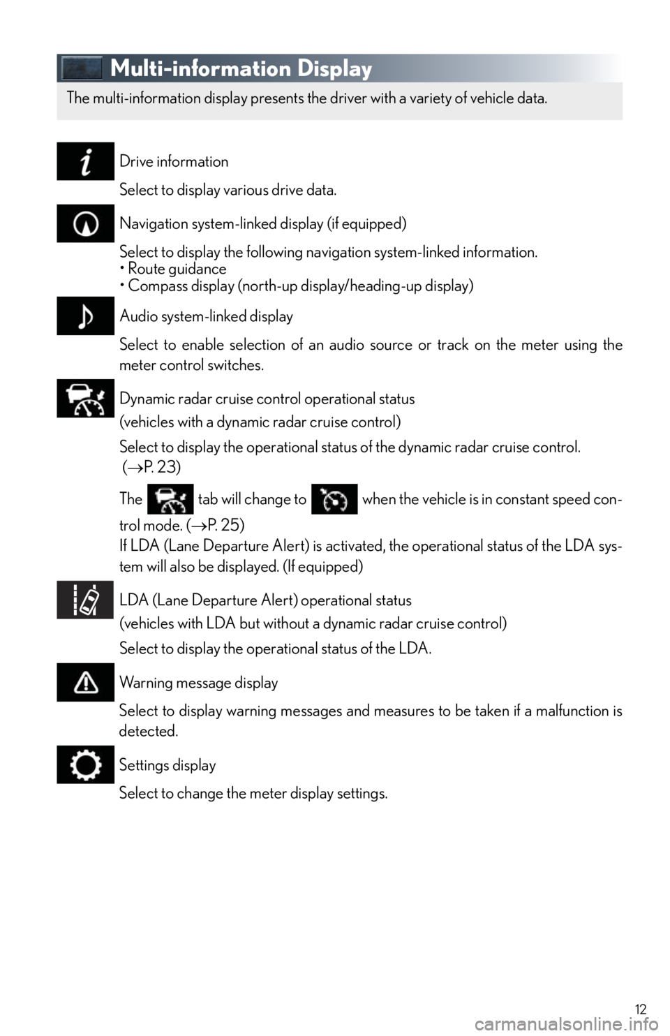 Lexus IS350 2015  Owners Manual / LEXUS 2015 IS250,IS350 OWNERS MANUAL QUICK GUIDE (OM53C80U) 12
Multi-information Display
Drive information
Select to display various drive data. 
Navigation system-linked display (if equipped)
Select to display the following navigation system-linked informatio Lexus IS350 2015  Owners Manual / LEXUS 2015 IS250,IS350 OWNERS MANUAL QUICK GUIDE (OM53C80U) 12
Multi-information Display
Drive information
Select to display various drive data. 
Navigation system-linked display (if equipped)
Select to display the following navigation system-linked informatio