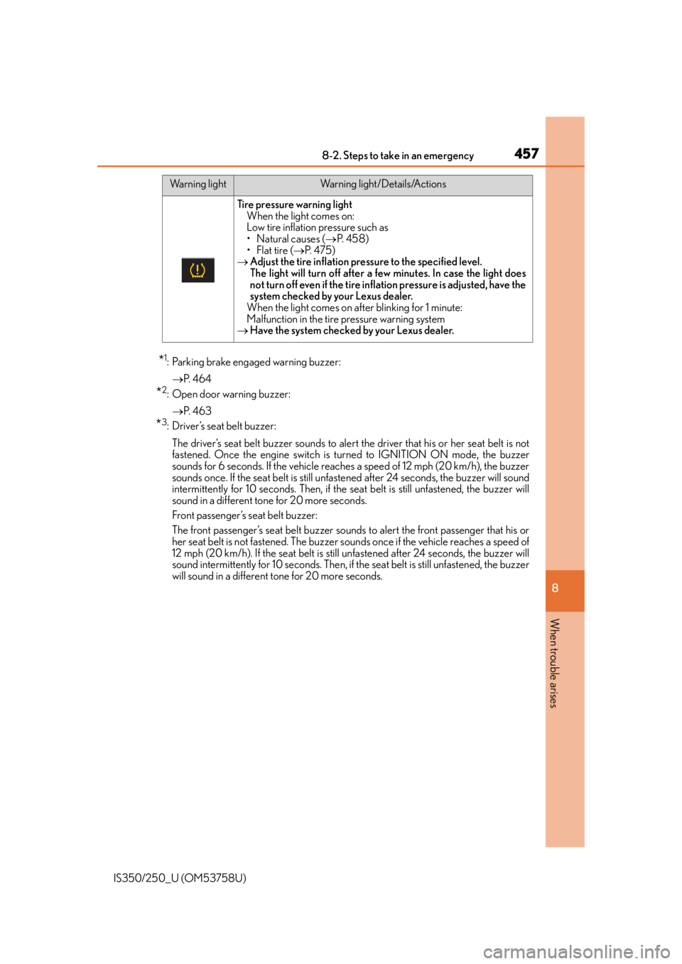Lexus IS350 2014 Owners Manual / LEXUS 2014 IS250,IS350 OWNERS MANUAL (OM53758U) 4578-2. Steps to take in an emergency
8
When trouble arises
IS350/250_U (OM53758U)
*1: Parking brake engaged warning buzzer: P. 4 6 4
*2: Open door warning buzzer:
P. 4 6 3
*3: Driver’s sea Lexus IS350 2014 Owners Manual / LEXUS 2014 IS250,IS350 OWNERS MANUAL (OM53758U) 4578-2. Steps to take in an emergency
8
When trouble arises
IS350/250_U (OM53758U)
*1: Parking brake engaged warning buzzer: P. 4 6 4
*2: Open door warning buzzer:
P. 4 6 3
*3: Driver’s sea