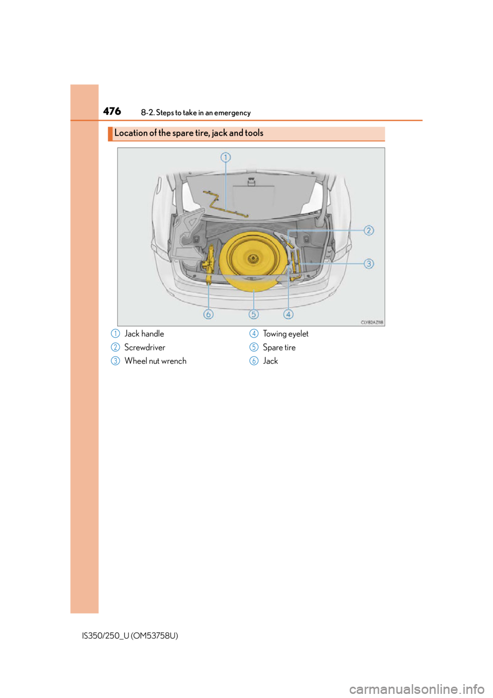 Lexus IS350 2014 Owners Manual / LEXUS 2014 IS250,IS350 OWNERS MANUAL (OM53758U) 4768-2. Steps to take in an emergency
IS350/250_U (OM53758U)
Location of the spare tire, jack and tools
Jack handle
Screwdriver
Wheel nut wrenchTowing eyelet
Spare tire
Jack1
2
3
4
5
6 Lexus IS350 2014 Owners Manual / LEXUS 2014 IS250,IS350 OWNERS MANUAL (OM53758U) 4768-2. Steps to take in an emergency
IS350/250_U (OM53758U)
Location of the spare tire, jack and tools
Jack handle
Screwdriver
Wheel nut wrenchTowing eyelet
Spare tire
Jack1
2
3
4
5
6