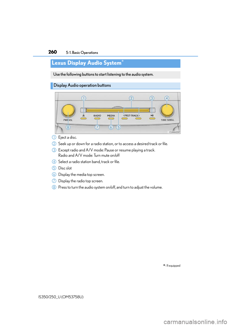 Lexus IS350 2014 Quick Guide / LEXUS 2014 IS250,IS350 OWNERS MANUAL (OM53758U) 260
IS350/250_U (OM53758U)5-1. Basic Operations
Lexus Display Audio System
: If equipped
Use the following buttons to start listening to the audio system.
Display Audio operation buttons
Eject Lexus IS350 2014 Quick Guide / LEXUS 2014 IS250,IS350 OWNERS MANUAL (OM53758U) 260
IS350/250_U (OM53758U)5-1. Basic Operations
Lexus Display Audio System
: If equipped
Use the following buttons to start listening to the audio system.
Display Audio operation buttons
Eject