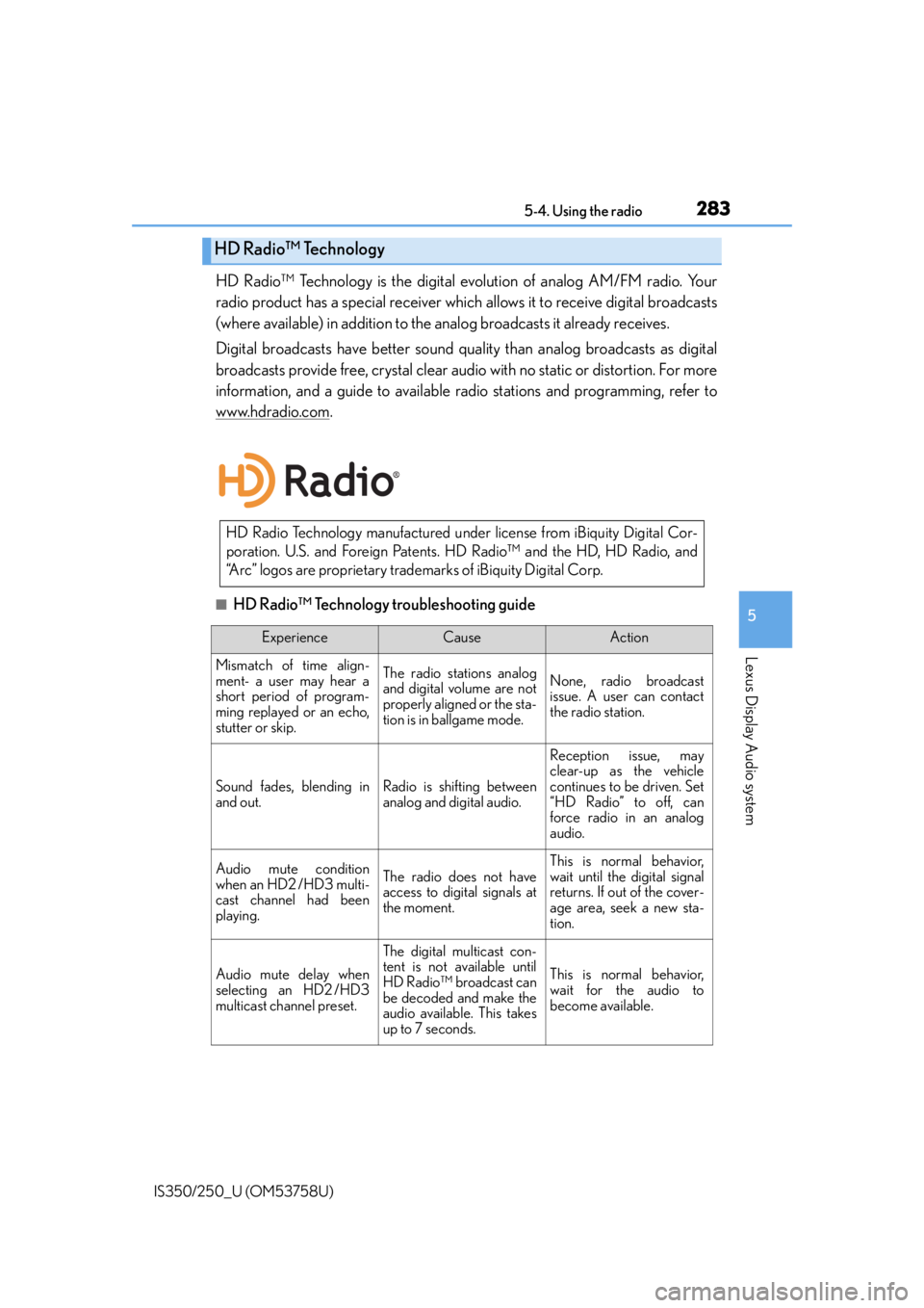 Lexus IS350 2014 Quick Guide / LEXUS 2014 IS250,IS350 OWNERS MANUAL (OM53758U) 2835-4. Using the radio
5
Lexus Display Audio system
IS350/250_U (OM53758U)
HD Radio™ Technology is the digital evolution of analog AM/FM radio. Your
radio product has a special receiver which allow Lexus IS350 2014 Quick Guide / LEXUS 2014 IS250,IS350 OWNERS MANUAL (OM53758U) 2835-4. Using the radio
5
Lexus Display Audio system
IS350/250_U (OM53758U)
HD Radio™ Technology is the digital evolution of analog AM/FM radio. Your
radio product has a special receiver which allow