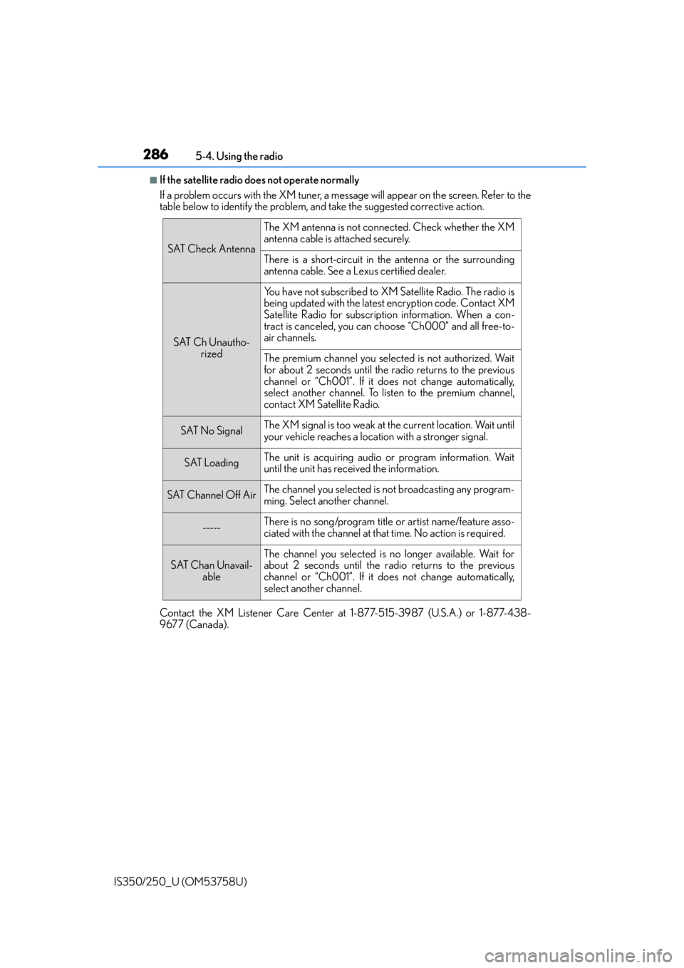 Lexus IS350 2014 Quick Guide / LEXUS 2014 IS250,IS350 OWNERS MANUAL (OM53758U) 2865-4. Using the radio
IS350/250_U (OM53758U)
■If the satellite radio does not operate normally
If a problem occurs with the XM tuner, a me ssage will appear on the screen. Refer to the
table below Lexus IS350 2014 Quick Guide / LEXUS 2014 IS250,IS350 OWNERS MANUAL (OM53758U) 2865-4. Using the radio
IS350/250_U (OM53758U)
■If the satellite radio does not operate normally
If a problem occurs with the XM tuner, a me ssage will appear on the screen. Refer to the
table below