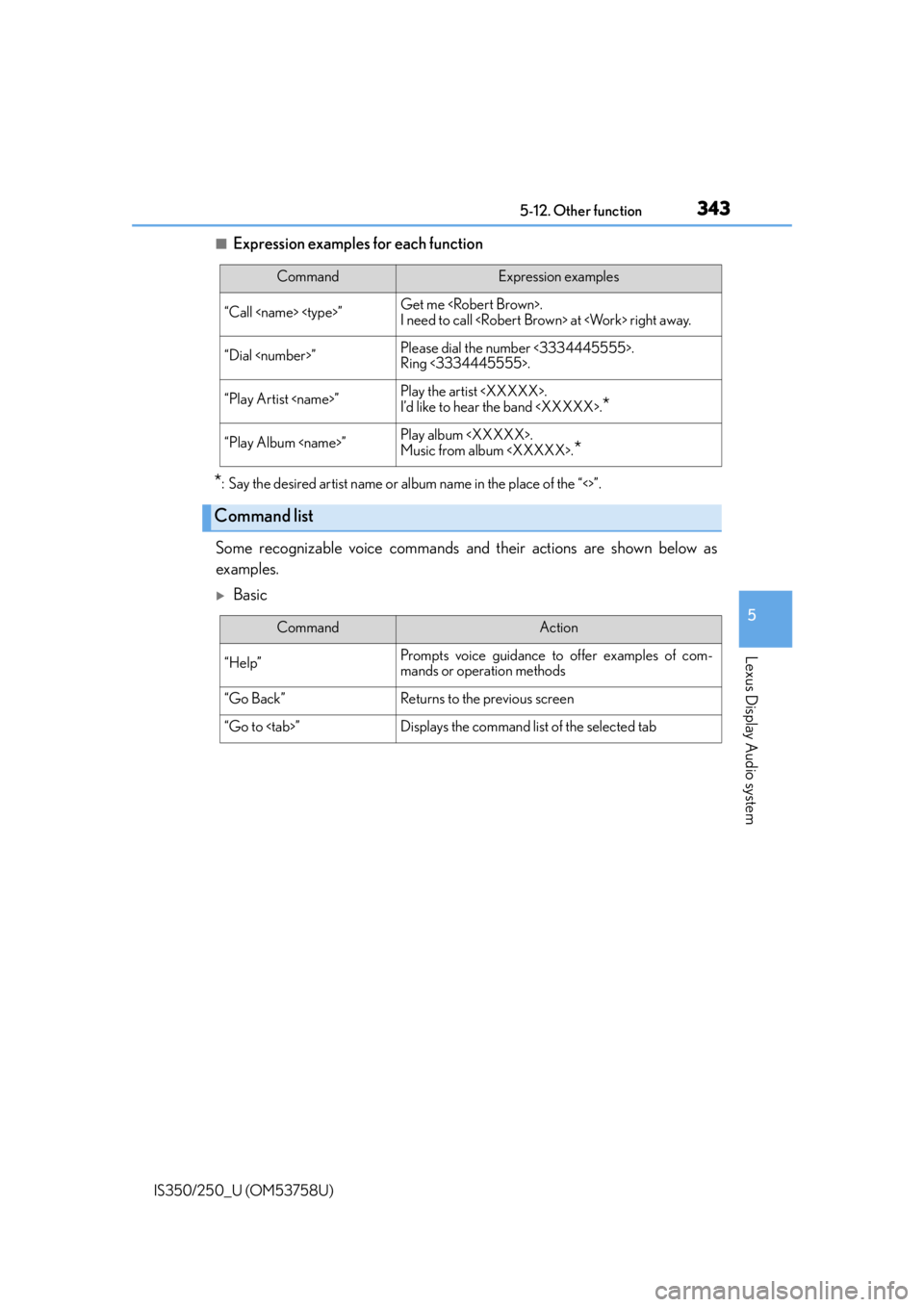 Lexus IS350 2014 Quick Guide / LEXUS 2014 IS250,IS350 OWNERS MANUAL (OM53758U) 3435-12. Other function
5
Lexus Display Audio system
IS350/250_U (OM53758U)
■Expression examples for each function
*: Say the desired artist name or album name in the place of the “<>”.
Some rec Lexus IS350 2014 Quick Guide / LEXUS 2014 IS250,IS350 OWNERS MANUAL (OM53758U) 3435-12. Other function
5
Lexus Display Audio system
IS350/250_U (OM53758U)
■Expression examples for each function
*: Say the desired artist name or album name in the place of the “<>”.
Some rec