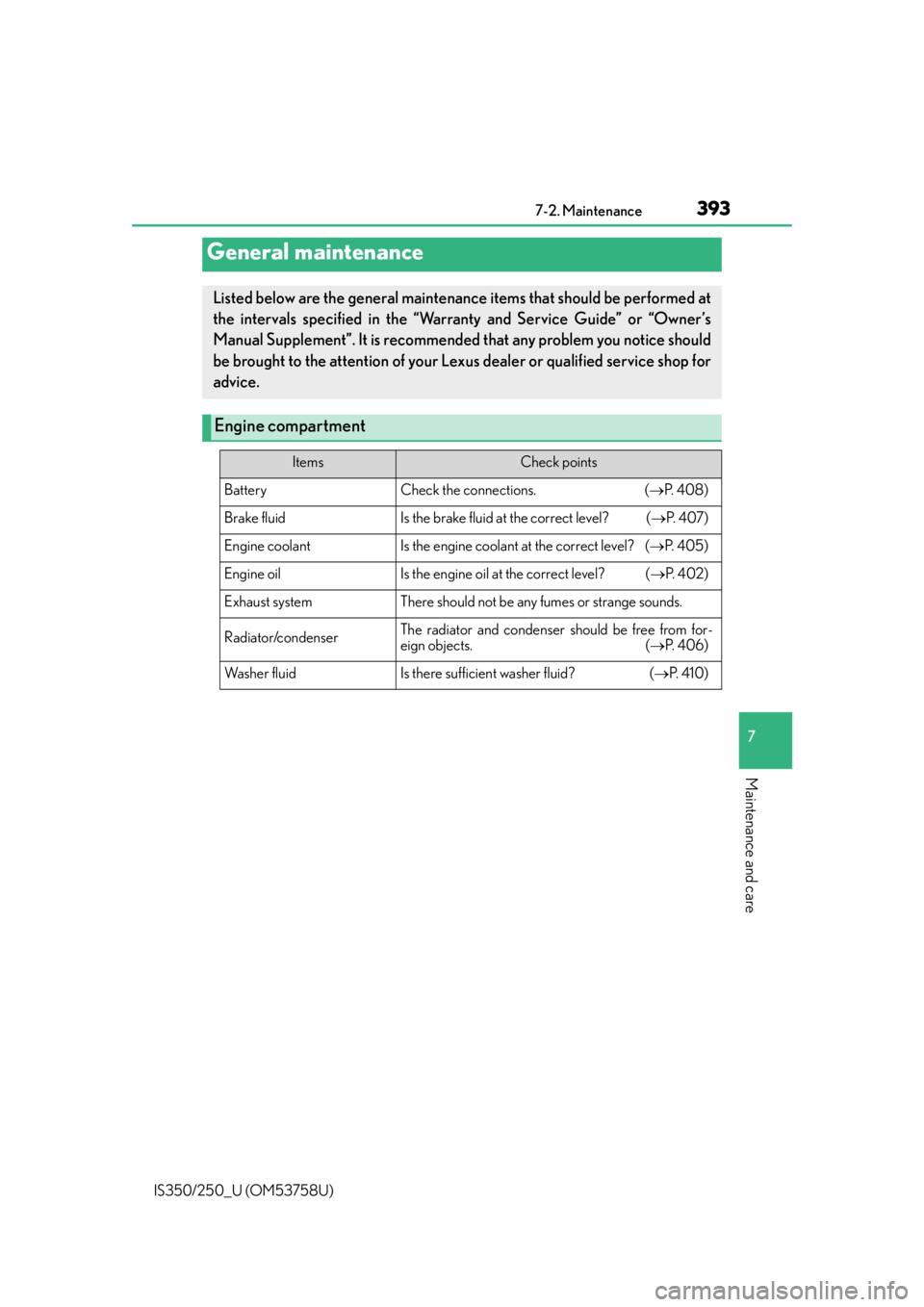 Lexus IS350 2014  Quick Guide / LEXUS 2014 IS250,IS350 OWNERS MANUAL (OM53758U) 3937-2. Maintenance
7
Maintenance and care
IS350/250_U (OM53758U)
General maintenance
Listed below are the general maintenance items that should be performed at
the intervals specified in the “Warra Lexus IS350 2014  Quick Guide / LEXUS 2014 IS250,IS350 OWNERS MANUAL (OM53758U) 3937-2. Maintenance
7
Maintenance and care
IS350/250_U (OM53758U)
General maintenance
Listed below are the general maintenance items that should be performed at
the intervals specified in the “Warra