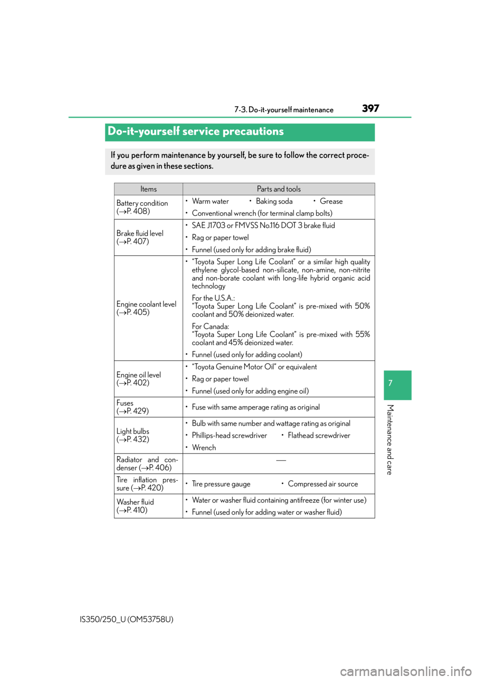 Lexus IS350 2014  Quick Guide / LEXUS 2014 IS250,IS350 OWNERS MANUAL (OM53758U) 397
IS350/250_U (OM53758U)
7
Maintenance and care
7-3. Do-it-yourself maintenance
Do-it-yourself service precautions
If you perform maintenance by yourself, be sure to follow the correct proce-
dure a Lexus IS350 2014  Quick Guide / LEXUS 2014 IS250,IS350 OWNERS MANUAL (OM53758U) 397
IS350/250_U (OM53758U)
7
Maintenance and care
7-3. Do-it-yourself maintenance
Do-it-yourself service precautions
If you perform maintenance by yourself, be sure to follow the correct proce-
dure a