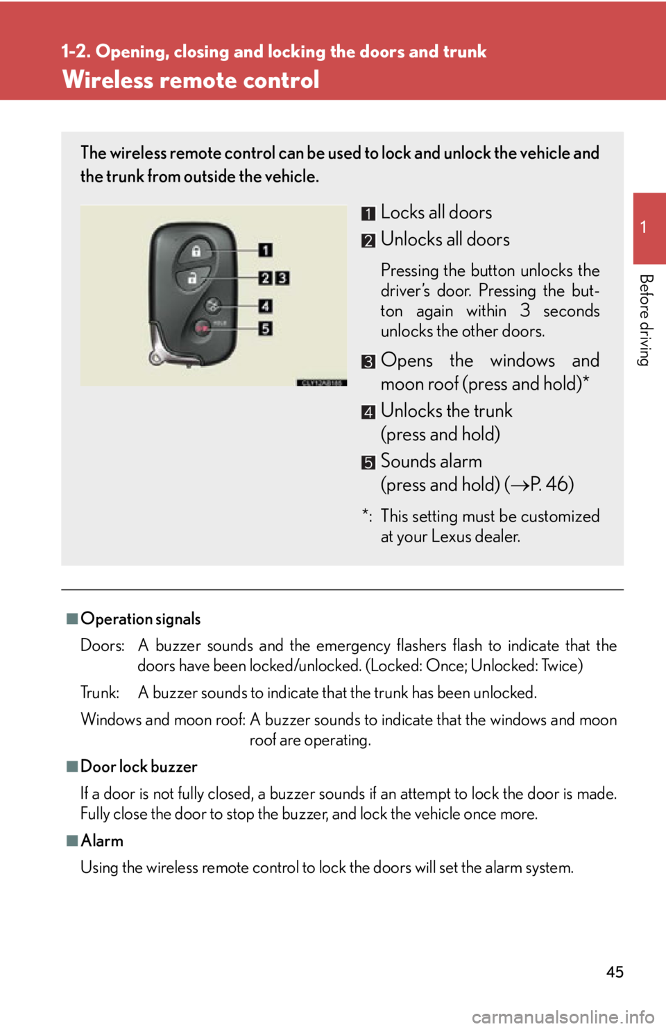Lexus IS350 2013 Owners Manual / LEXUS 2013 IS250,IS350 (OM53B64U) Service Manual 45
1
1-2. Opening, closing and locking the doors and trunk
Before driving
Wireless remote control
■Operation signals
Doors: A buzzer sounds and the emergenc y flashers flash to indicate that the
do Lexus IS350 2013 Owners Manual / LEXUS 2013 IS250,IS350 (OM53B64U) Service Manual 45
1
1-2. Opening, closing and locking the doors and trunk
Before driving
Wireless remote control
■Operation signals
Doors: A buzzer sounds and the emergenc y flashers flash to indicate that the
do