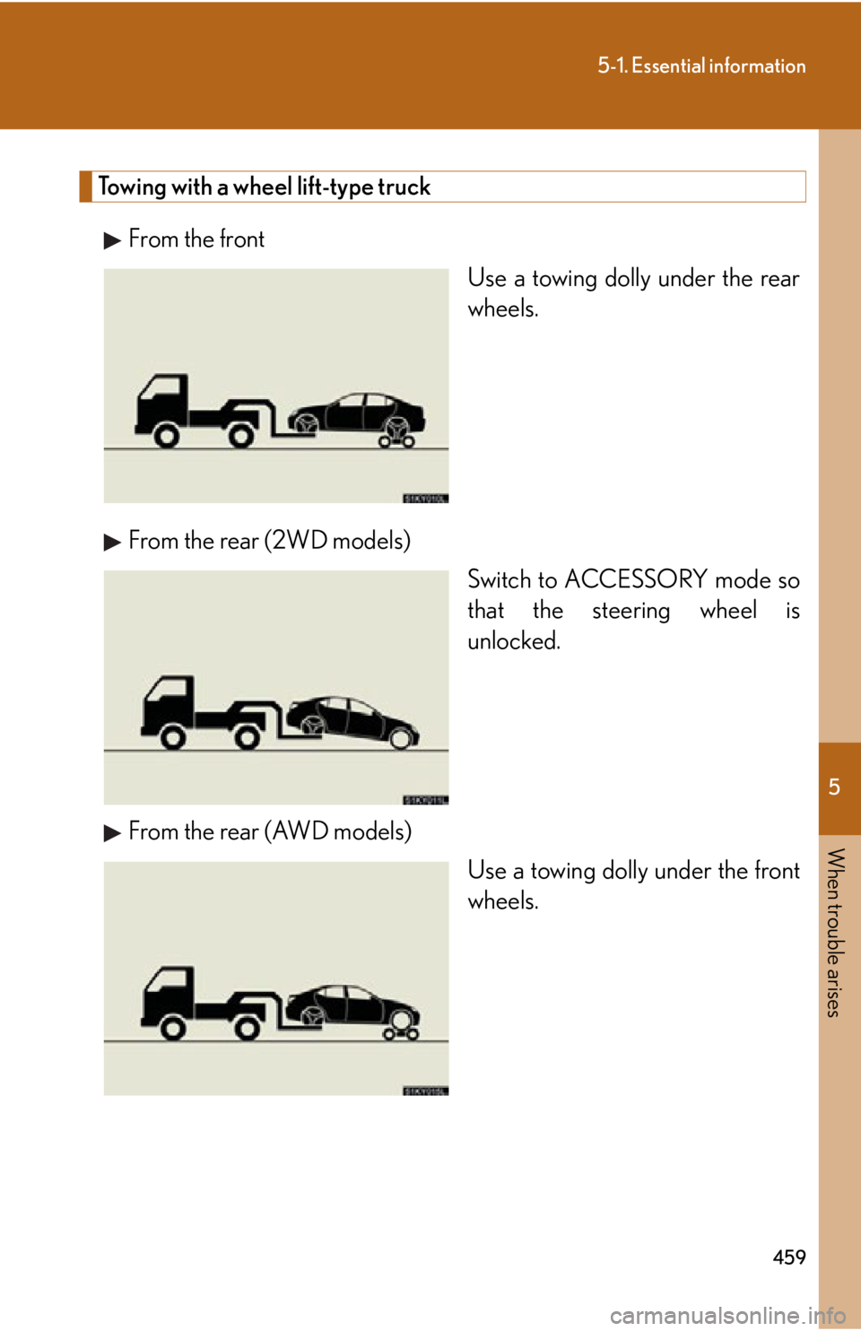Lexus IS350 2013 Owners Manual / LEXUS 2013 IS250,IS350 (OM53B64U) Manual PDF 5
When trouble arises
459
5-1. Essential information
Towing with a wheel lift-type truckFrom the front Use a towing dolly under the rear
wheels.
From the rear (2WD models) Switch to ACCESSORY mode so
Lexus IS350 2013 Owners Manual / LEXUS 2013 IS250,IS350 (OM53B64U) Manual PDF 5
When trouble arises
459
5-1. Essential information
Towing with a wheel lift-type truckFrom the front Use a towing dolly under the rear
wheels.
From the rear (2WD models) Switch to ACCESSORY mode so