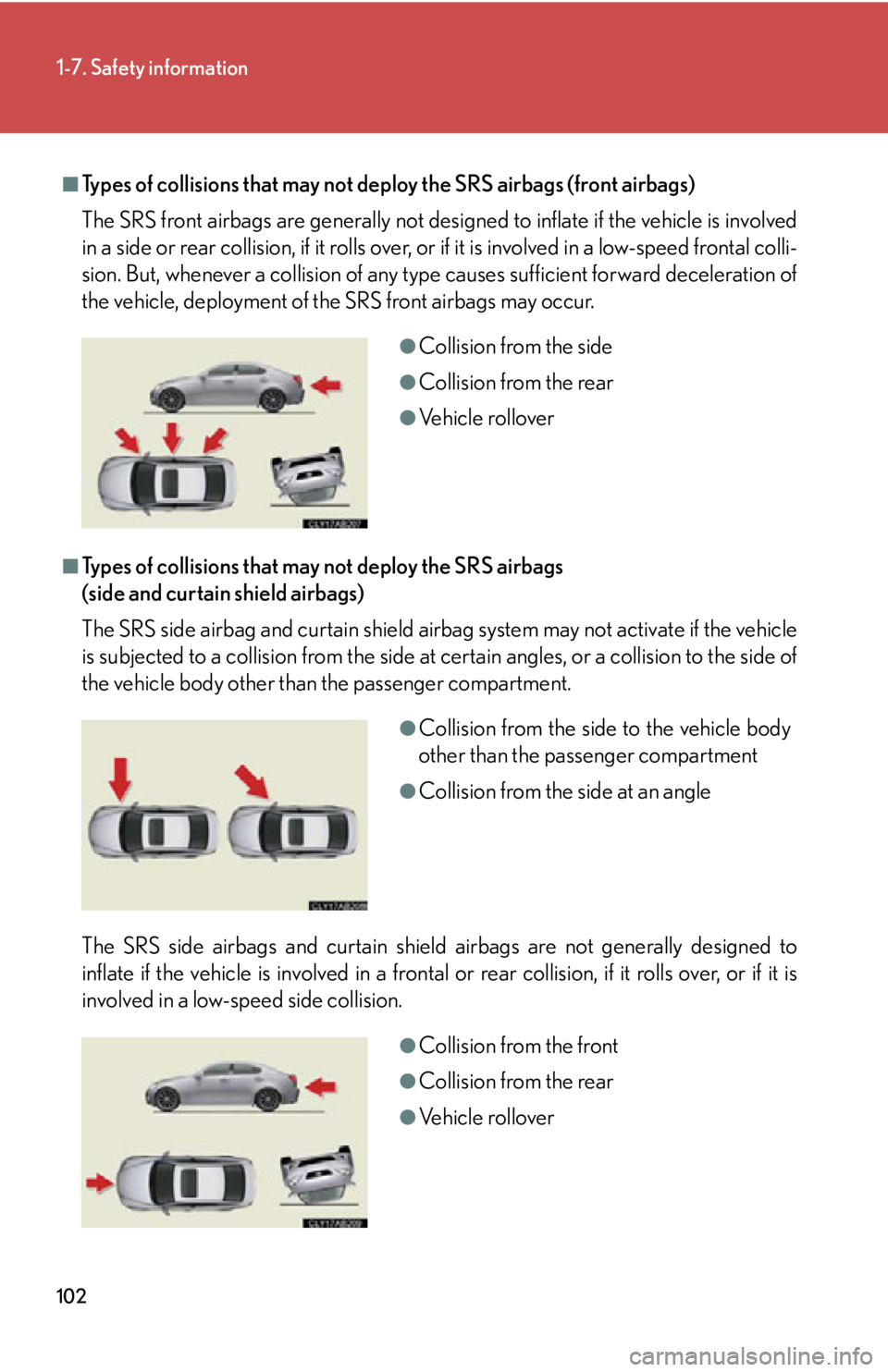 Lexus IS350 2012 Owners Manual / LEXUS 2012 IS250,IS350 OWNERS MANUAL (OM53A87U) 102
1-7. Safety information
■Types of collisions that may not deploy the SRS airbags (front airbags)
The SRS front airbags are generally not designed to inflate if the vehicle is involved
in a side Lexus IS350 2012 Owners Manual / LEXUS 2012 IS250,IS350 OWNERS MANUAL (OM53A87U) 102
1-7. Safety information
■Types of collisions that may not deploy the SRS airbags (front airbags)
The SRS front airbags are generally not designed to inflate if the vehicle is involved
in a side