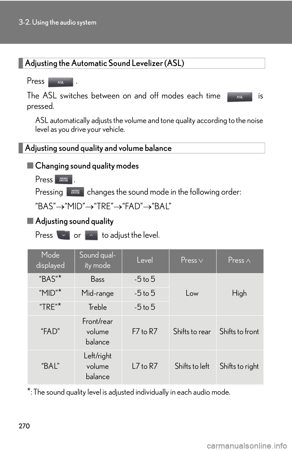 Lexus IS350 2012 Owners Manual / LEXUS 2012 IS250,IS350 OWNERS MANUAL (OM53A87U) 270
3-2. Using the audio system
Adjusting the Automatic Sound Levelizer (ASL)Press .
The ASL switches between on and off modes each time is
pressed.
ASL automatically adjusts the volume an d tone qu Lexus IS350 2012 Owners Manual / LEXUS 2012 IS250,IS350 OWNERS MANUAL (OM53A87U) 270
3-2. Using the audio system
Adjusting the Automatic Sound Levelizer (ASL)Press .
The ASL switches between on and off modes each time is
pressed.
ASL automatically adjusts the volume an d tone qu