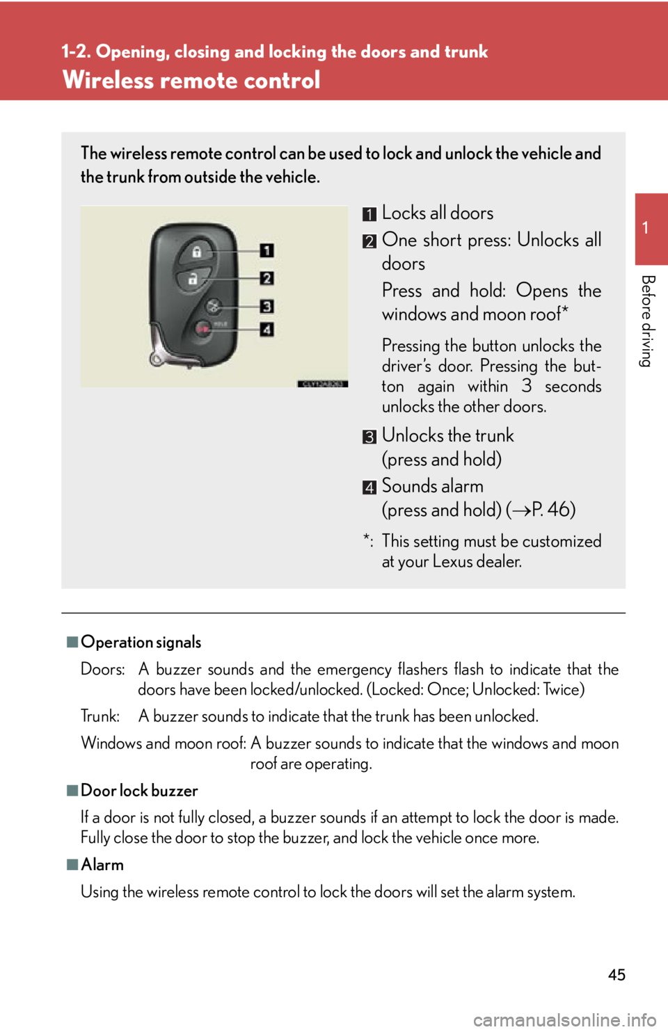 Lexus IS350 2012 Owners Manual / LEXUS 2012 IS250,IS350 (OM53A87U) Service Manual 45
1
1-2. Opening, closing and locking the doors and trunk
Before driving
Wireless remote control
■Operation signals
Doors: A buzzer sounds and the emergenc y flashers flash to indicate that the
do Lexus IS350 2012 Owners Manual / LEXUS 2012 IS250,IS350 (OM53A87U) Service Manual 45
1
1-2. Opening, closing and locking the doors and trunk
Before driving
Wireless remote control
■Operation signals
Doors: A buzzer sounds and the emergenc y flashers flash to indicate that the
do
