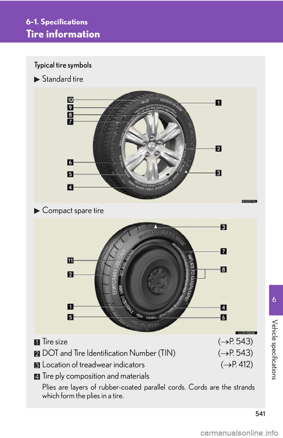 Lexus IS350 2012 Owners Manual / LEXUS 2012 IS250,IS350 OWNERS MANUAL (OM53A87U) 541
6-1. Specifications
6
Vehicle specifications
Tire information
Ty p i c a l t i r e s y m b o l s
Standard tire
Compact spare tire
Tire size (P. 543)
DOT and Tire Identification Number (TIN) ( Lexus IS350 2012 Owners Manual / LEXUS 2012 IS250,IS350 OWNERS MANUAL (OM53A87U) 541
6-1. Specifications
6
Vehicle specifications
Tire information
Ty p i c a l t i r e s y m b o l s
Standard tire
Compact spare tire
Tire size (P. 543)
DOT and Tire Identification Number (TIN) (
