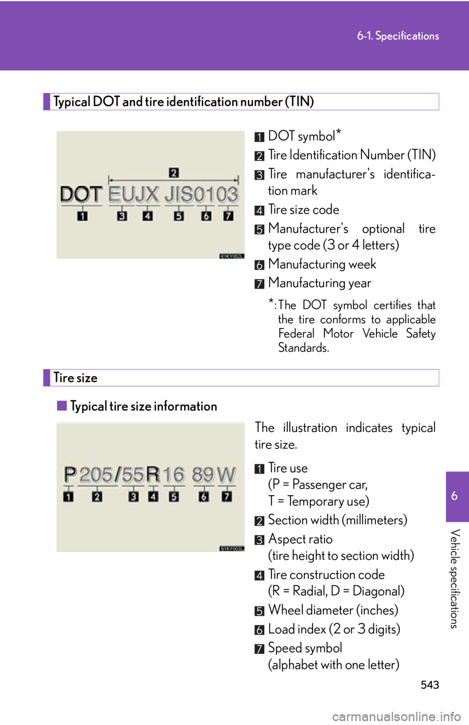 Lexus IS350 2012  Owners Manual / LEXUS 2012 IS250,IS350 OWNERS MANUAL (OM53A87U) 543
6-1. Specifications
6
Vehicle specifications
Typical DOT and tire identification number (TIN)DOT symbol
*
Tire Identification Number (TIN)
Tire manufacturers identifica-
tion mark
Tire size code
