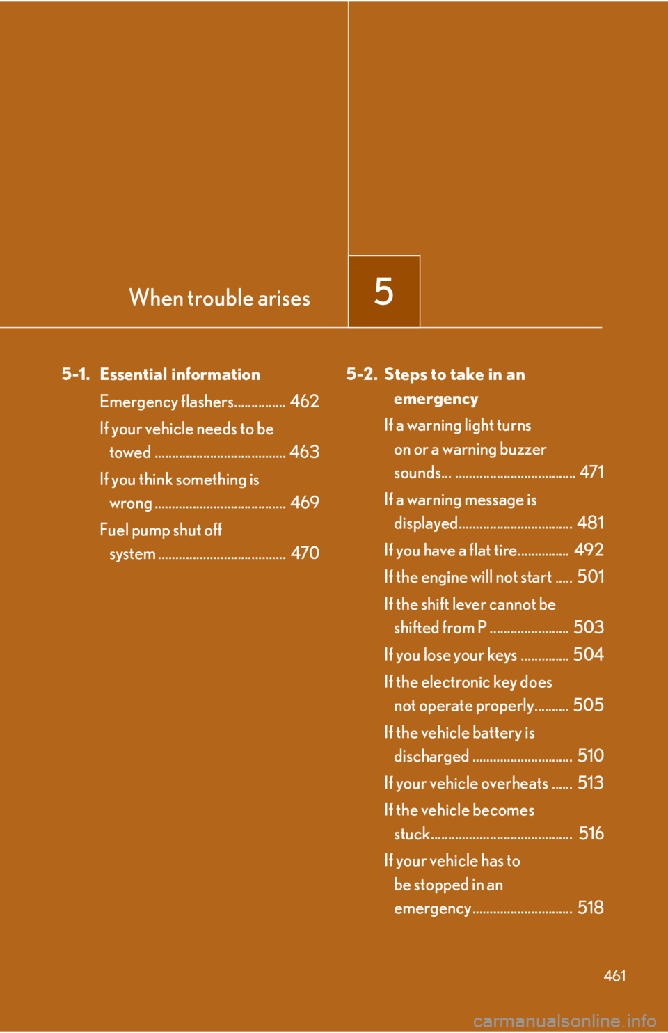 Lexus IS350 2012 Quick Guide / LEXUS 2012 IS250,IS350 (OM53A87U) Manual PDF When trouble arises5
461
5-1. Essential informationEmergency flashers............... 462
If your vehicle needs to be towed ...................................... 463
If you think something is wrong Lexus IS350 2012 Quick Guide / LEXUS 2012 IS250,IS350 (OM53A87U) Manual PDF When trouble arises5
461
5-1. Essential informationEmergency flashers............... 462
If your vehicle needs to be towed ...................................... 463
If you think something is wrong