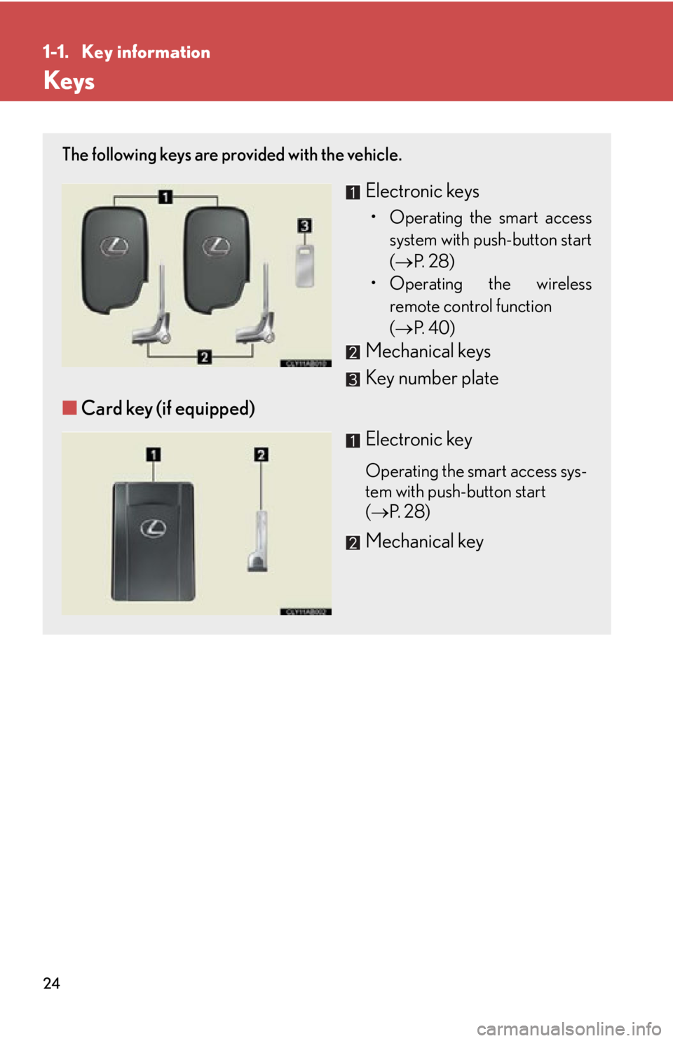 Lexus IS350 2011 Owners Manual / LEXUS 2011 IS250/IS350 (OM53839U) Owners Manual 24
1-1. Key information
Keys
The following keys are provided with the vehicle.
Electronic keys
• Operating the smart accesssystem with push-button start
( P. 2 8 )
• Operating the wireless rem Lexus IS350 2011 Owners Manual / LEXUS 2011 IS250/IS350 (OM53839U) Owners Manual 24
1-1. Key information
Keys
The following keys are provided with the vehicle.
Electronic keys
• Operating the smart accesssystem with push-button start
( P. 2 8 )
• Operating the wireless rem