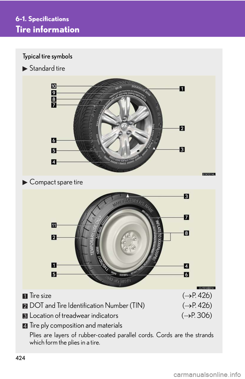 Lexus IS350 2008 Scheduled Maintenace Guide / LEXUS 2008 IS350 OWNERS MANUAL (OM53699U350) 424
6-1. Specifications
Tire information
Ty p i c a l t i r e s y m b o l s
Standard tire
Compact spare tire
Tire size (P. 4 2 6 )
DOT and Tire Identification Number (TIN) ( P. 4 2 6 )
Locat Lexus IS350 2008 Scheduled Maintenace Guide / LEXUS 2008 IS350 OWNERS MANUAL (OM53699U350) 424
6-1. Specifications
Tire information
Ty p i c a l t i r e s y m b o l s
Standard tire
Compact spare tire
Tire size (P. 4 2 6 )
DOT and Tire Identification Number (TIN) ( P. 4 2 6 )
Locat