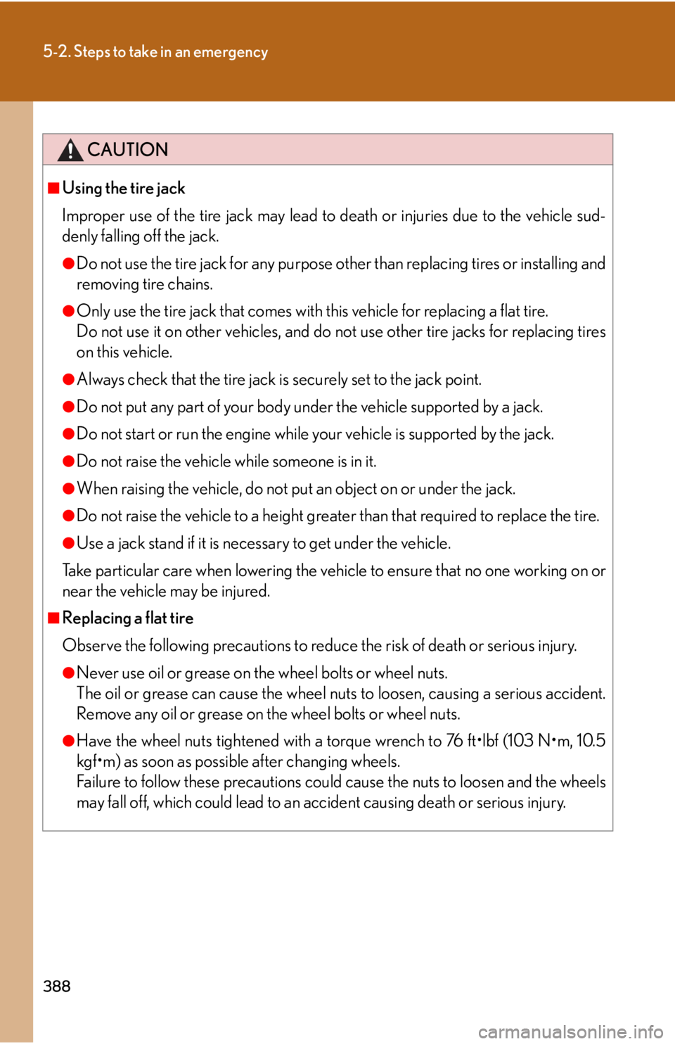 Lexus IS350 2008  Do-it-yourself maintenance / LEXUS 2008 IS350 OWNERS MANUAL (OM53699U350) 388
5-2. Steps to take in an emergency
CAUTION
■Using the tire jack
Improper use of the tire jack may lead to death or injuries due to the vehicle sud-
denly falling off the jack.
●Do not use the 