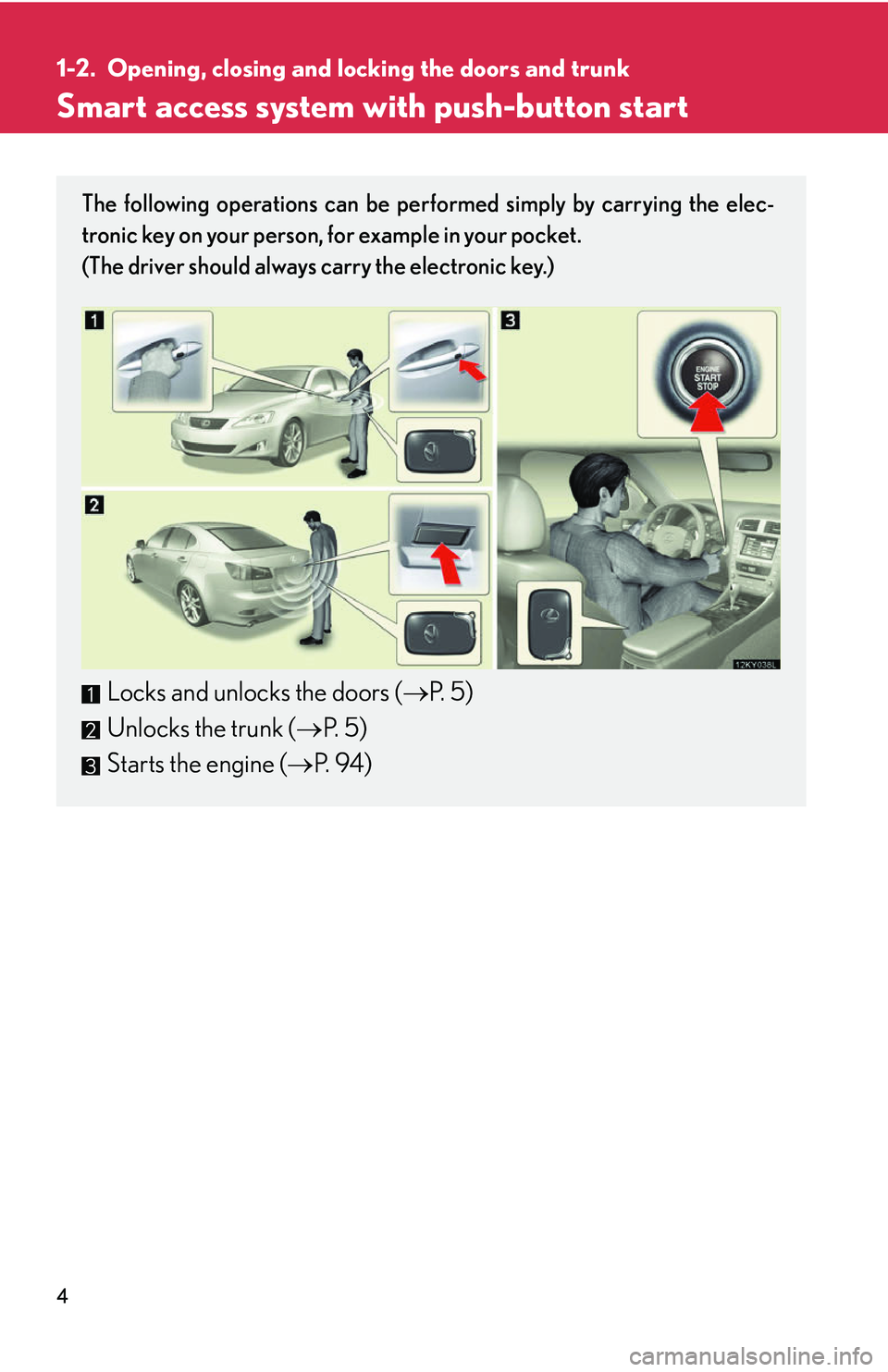 Lexus IS350 2006  Scheduled Maintenance Guide / LEXUS 2006 IS350/250 FROM MAY 2006 PROD. OWNERS MANUAL (OM53619U) 4
1-2. Opening, closing and locking the doors and trunk
Smart access system with push-button start
The following operations can be performed simply by carrying the elec-
tronic key on your person, for