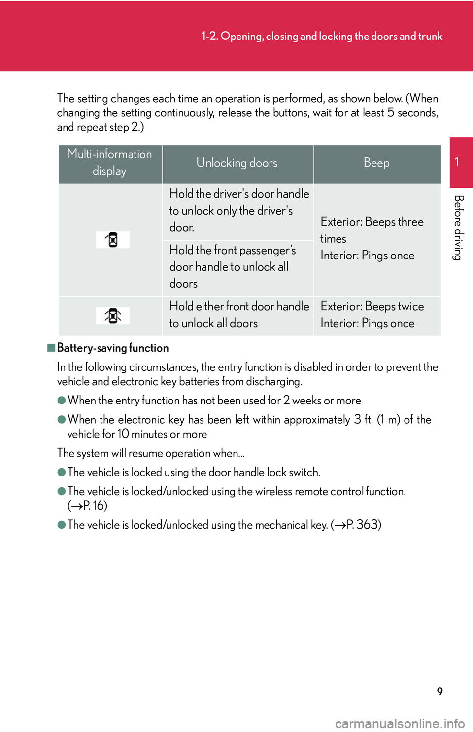 Lexus IS350 2006 Scheduled Maintenance Guide / LEXUS 2006 IS350/250 FROM MAY 2006 PROD. OWNERS MANUAL (OM53619U) 9
1-2. Opening, closing and locking the doors and trunk
1
Before driving
The setting changes each time an operation is performed, as shown below. (When
changing the setting continuously, release the b Lexus IS350 2006 Scheduled Maintenance Guide / LEXUS 2006 IS350/250 FROM MAY 2006 PROD. OWNERS MANUAL (OM53619U) 9
1-2. Opening, closing and locking the doors and trunk
1
Before driving
The setting changes each time an operation is performed, as shown below. (When
changing the setting continuously, release the b