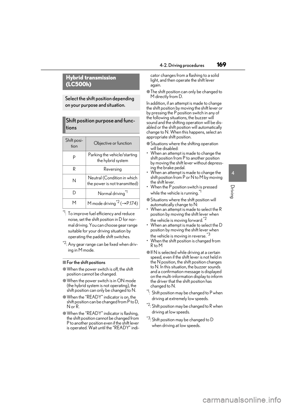 Lexus LC500 2021  Owners Manual / LEXUS 2021 LC500,LC500H OWNERS MANUAL (OM11559U) 1694-2. Driving procedures
4
Driving
*1: To improve fuel efficiency and reduce noise, set the shift position in D for nor-
mal driving. You can choose gear range 
suitable for your driving situation b