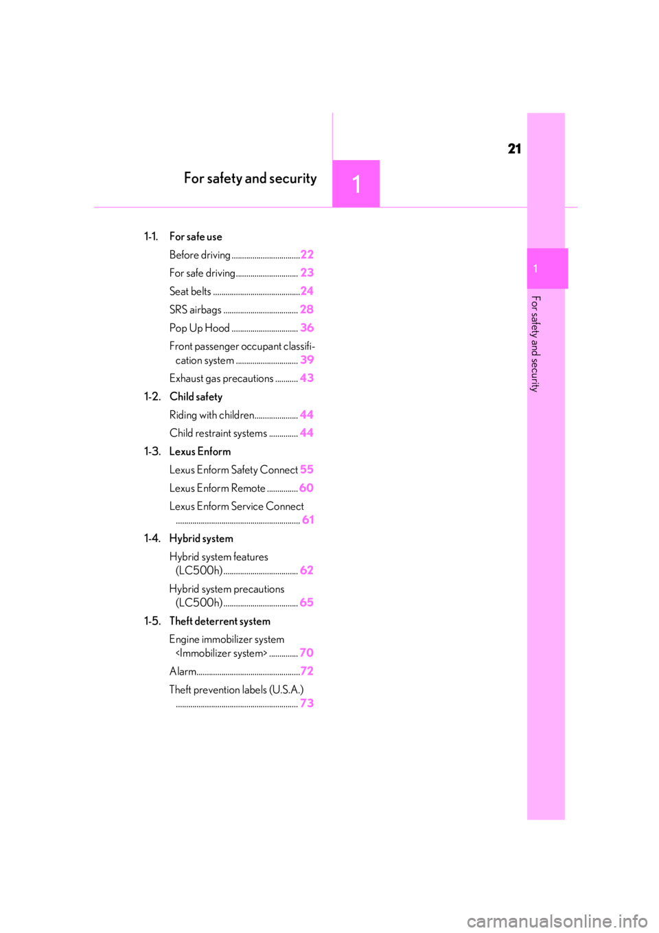 Lexus LC500 2021  Owners Manual / LEXUS 2021 LC500,LC500H OWNERS MANUAL (OM11559U) 21
1
1
For safety and security
For safety and security
1-1. For safe useBefore driving ................................. 22
For safe driving.............................. 23
Seat belts ...............