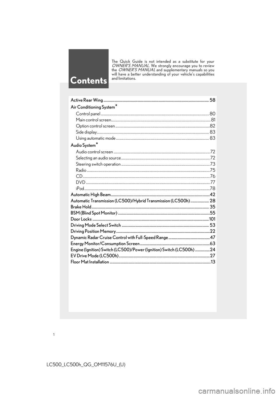 Lexus LC500 2021  Owners Manual / LEXUS 2021 LC500,LC500H OWNERS MANUAL QUICK GUIDE (OM11576U) 1
LC500_LC500h_QG_OM11576U_(U)
Active Rear Wing ................................................................................................................... 58
Air Conditioning System
*
Control