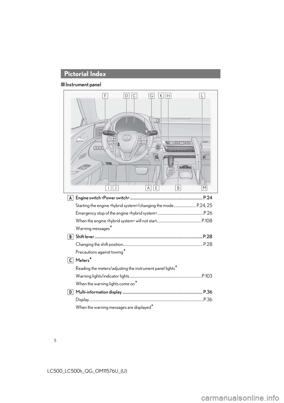 Lexus LC500 2021  Owners Manual / LEXUS 2021 LC500,LC500H OWNERS MANUAL QUICK GUIDE (OM11576U) 5
LC500_LC500h_QG_OM11576U_(U)
■Instrument panel
Engine switch <Power switch> .............................................................................. P.24
Starting the engine <hybrid system>/