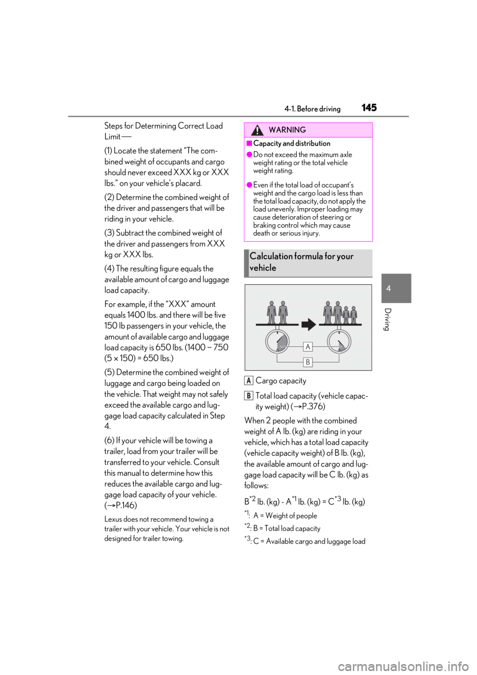 lexus LC500 2020  Owners Manual / LEXUS 2020 LC500,LC500H OWNERS MANUAL (OM11537U) 1454-1. Before driving
4
Driving
Steps for Determining Correct Load 
Limit 
(1) Locate the statement “The com-
bined weight of occupants and cargo 
should never exceed XXX kg or XXX 
lbs.” on y