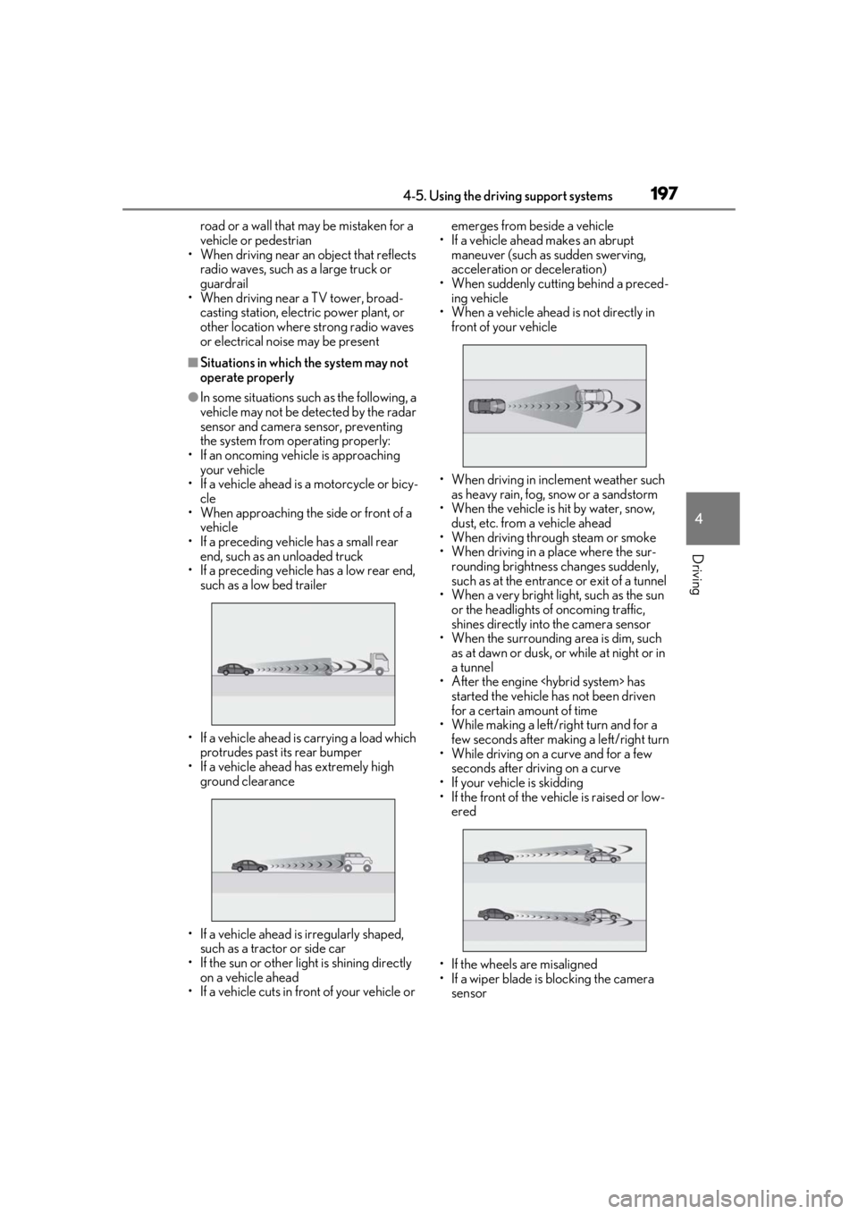 lexus LC500 2020  Owners Manual / LEXUS 2020 LC500,LC500H OWNERS MANUAL (OM11537U) 1974-5. Using the driving support systems
4
Driving
road or a wall that may be mistaken for a 
vehicle or pedestrian
• When driving near an  object that reflects 
radio waves, such as a large truck 