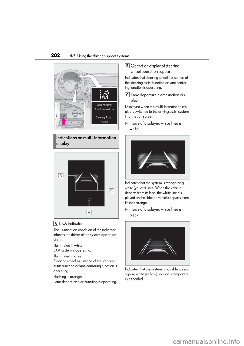 lexus LC500 2020 Owners Manual / LEXUS 2020 LC500,LC500H OWNERS MANUAL (OM11537U) 2024-5. Using the driving support systems
LKA indicator
The illumination condition of the indicator
informs the driver of the system operation
status.
Illuminated in white:
LKA system is operating. lexus LC500 2020 Owners Manual / LEXUS 2020 LC500,LC500H OWNERS MANUAL (OM11537U) 2024-5. Using the driving support systems
LKA indicator
The illumination condition of the indicator
informs the driver of the system operation
status.
Illuminated in white:
LKA system is operating.