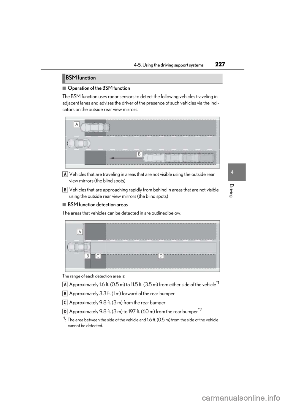 lexus LC500 2020   / LEXUS 2020 LC500,LC500H  (OM11537U) Service Manual 2274-5. Using the driving support systems
4
Driving
■Operation of the BSM function
The BSM function uses radar sensors to de tect the following vehicles traveling in 
adjacent lanes and advises the 