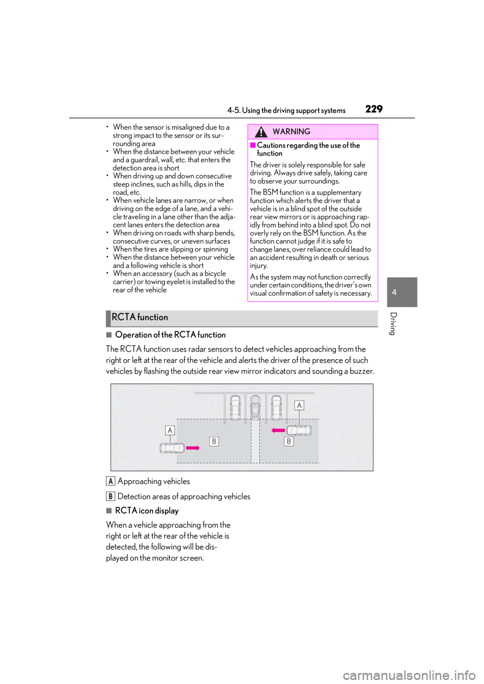 lexus LC500 2020   / LEXUS 2020 LC500,LC500H  (OM11537U) Service Manual 2294-5. Using the driving support systems
4
Driving
• When the sensor is misaligned due to a strong impact to the sensor or its sur-
rounding area
• When the distance between your vehicle  and a g