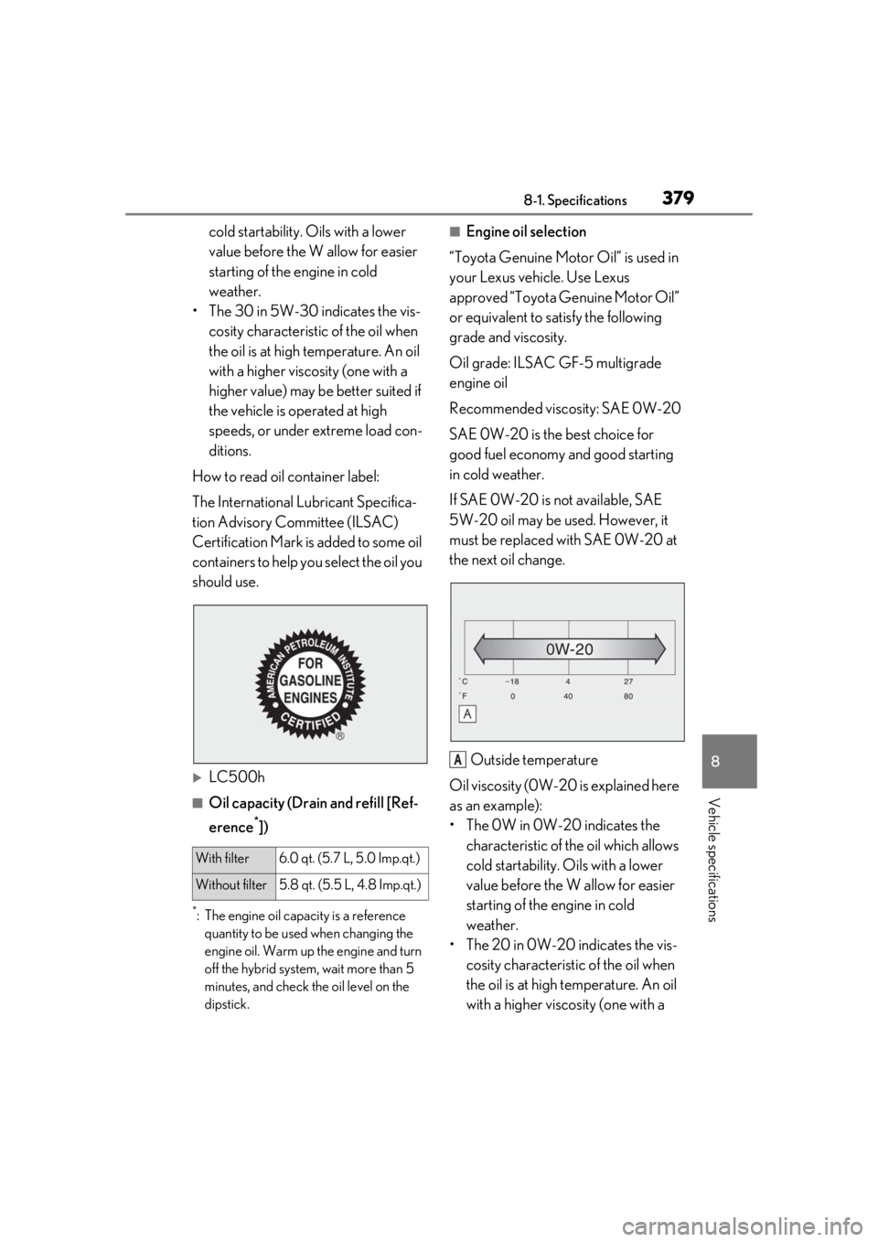lexus LC500 2020  Owners Manual / LEXUS 2020 LC500,LC500H OWNERS MANUAL (OM11537U) 3798-1. Specifications
8
Vehicle specifications
cold startability. Oils with a lower 
value before the W allow for easier 
starting of the engine in cold 
weather.
• The 30 in 5W-30 indicates the vi