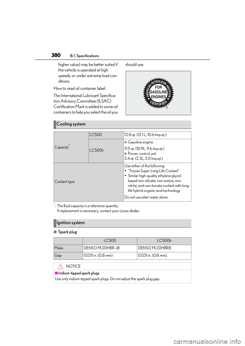 lexus LC500 2020  Owners Manual / LEXUS 2020 LC500,LC500H OWNERS MANUAL (OM11537U) 3808-1. Specifications
higher value) may be better suited if 
the vehicle is operated at high 
speeds, or under extreme load con-
ditions.
How to read oil container label:
The International Lubricant 