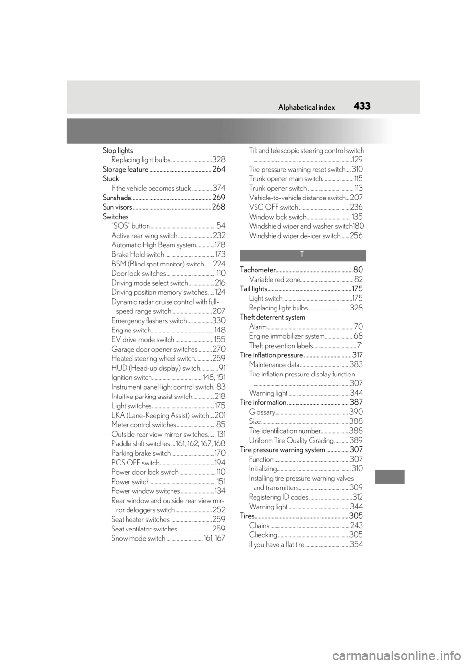 lexus LC500 2020  Owners Manual / LEXUS 2020 LC500,LC500H OWNERS MANUAL (OM11537U) Alphabetical index433
Stop lightsReplacing light bulbs................................ 328
Storage feature ............................................ 264
Stuck If the vehicle becomes stuck..........