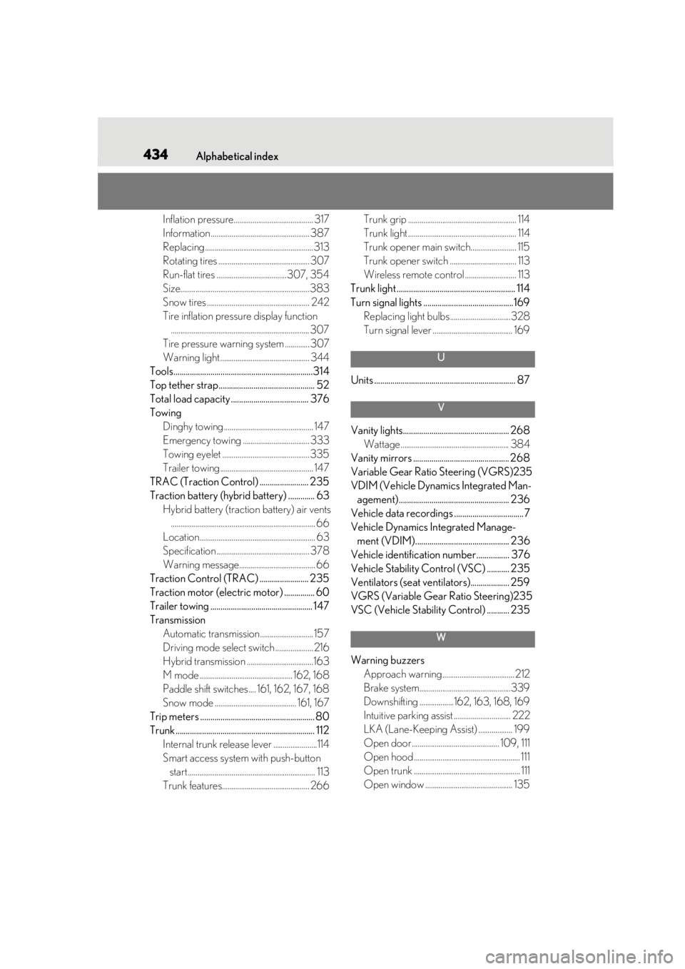 lexus LC500 2020  Owners Manual / LEXUS 2020 LC500,LC500H OWNERS MANUAL (OM11537U) 434Alphabetical index
Inflation pressure.......................................... 317
Information .................................................... 387
Replacing ..................................