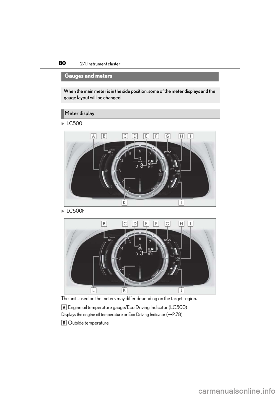 lexus LC500 2020  Owners Manual / LEXUS 2020 LC500,LC500H OWNERS MANUAL (OM11537U) 802-1. Instrument cluster
LC500
LC500h
The units used on the meters may diff er depending on the target region.
Engine oil temperature gauge/Eco Driving Indicator (LC500)
Displays the engine oil