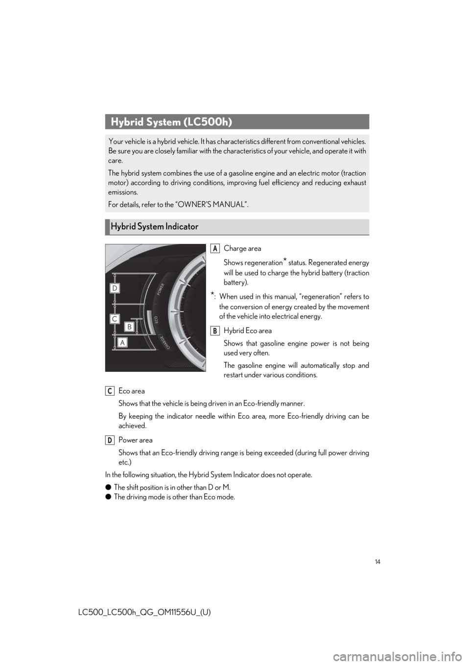 lexus LC500 2020 Owners Manual / LEXUS 2020 LC500,LC500H OWNERS MANUAL QUICK GUIDE (OM11556U) 14
LC500_LC500h_QG_OM11556U_(U)
Eco area
Shows that the vehicle is being driven in an Eco-friendly manner.
By keeping the indicator needle within Ec o area, more Eco-friendly driving can be
achieved.
lexus LC500 2020 Owners Manual / LEXUS 2020 LC500,LC500H OWNERS MANUAL QUICK GUIDE (OM11556U) 14
LC500_LC500h_QG_OM11556U_(U)
Eco area
Shows that the vehicle is being driven in an Eco-friendly manner.
By keeping the indicator needle within Ec o area, more Eco-friendly driving can be
achieved.
