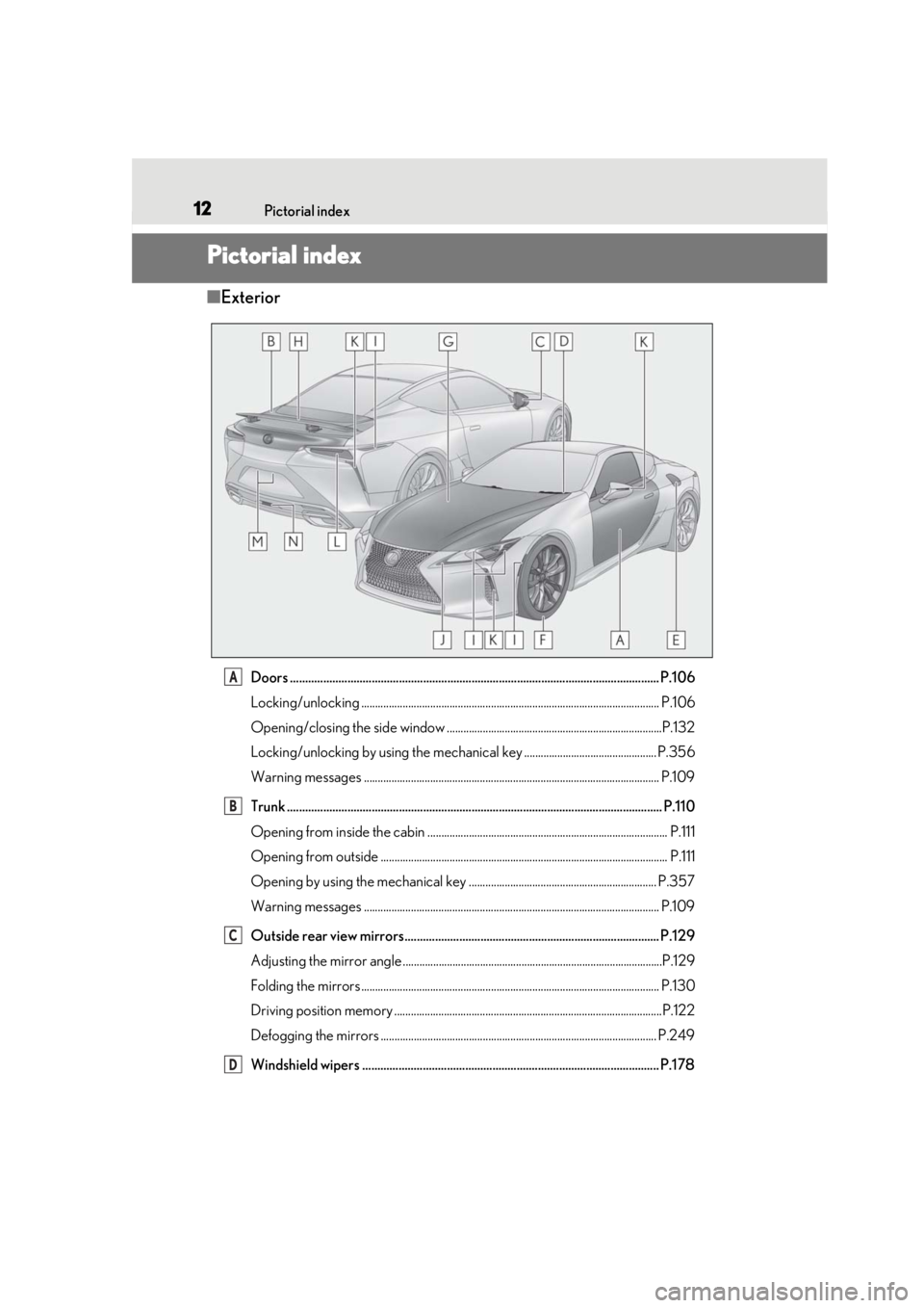 lexus LC500 2019   / LEXUS 2019 LC 500,LC 500H  (OM11471U) User Guide 12Pictorial index
Pictorial index
■Exterior
Doors .......................................................................................................................... P.106
Locking/unlocking .