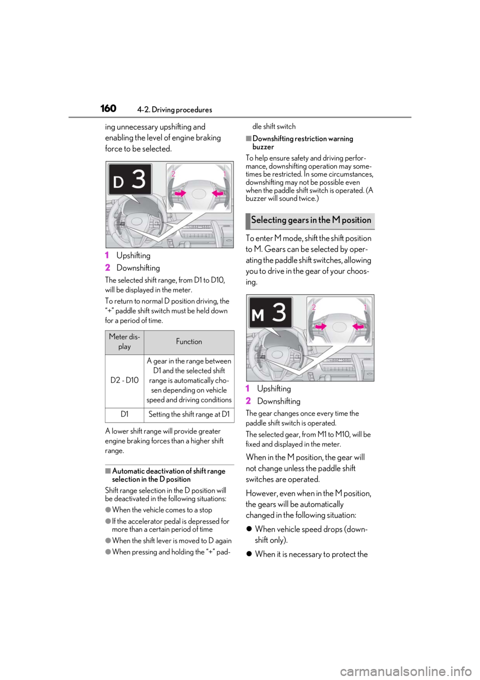 lexus LC500 2019 Owners Manual / LEXUS 2019 LC 500,LC 500H OWNERS MANUAL (OM11471U) 1604-2. Driving procedures
ing unnecessary upshifting and
enabling the level of engine braking
force to be selected.
1Upshifting
2 Downshifting
The selected shift rang e, from D1 to D10,
will be di lexus LC500 2019 Owners Manual / LEXUS 2019 LC 500,LC 500H OWNERS MANUAL (OM11471U) 1604-2. Driving procedures
ing unnecessary upshifting and
enabling the level of engine braking
force to be selected.
1Upshifting
2 Downshifting
The selected shift rang e, from D1 to D10,
will be di