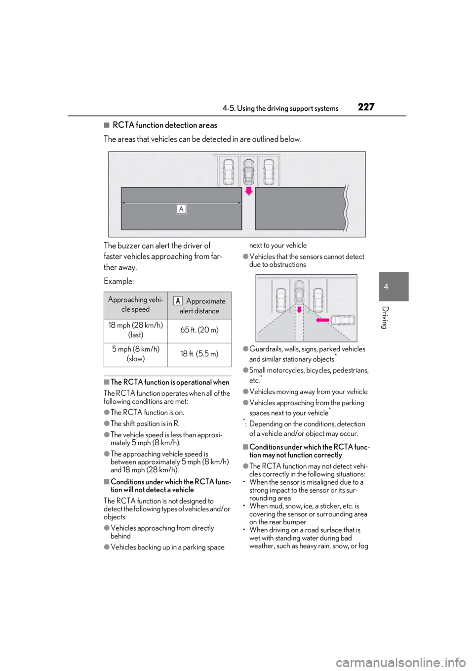 lexus LC500 2019 Owners Manual / LEXUS 2019 LC 500,LC 500H OWNERS MANUAL (OM11471U) 2274-5. Using the driving support systems
4
Driving
■RCTA function detection areas
The areas that vehicles can be detected in are outlined below.
The buzzer can alert the driver of
faster vehicles lexus LC500 2019 Owners Manual / LEXUS 2019 LC 500,LC 500H OWNERS MANUAL (OM11471U) 2274-5. Using the driving support systems
4
Driving
■RCTA function detection areas
The areas that vehicles can be detected in are outlined below.
The buzzer can alert the driver of
faster vehicles