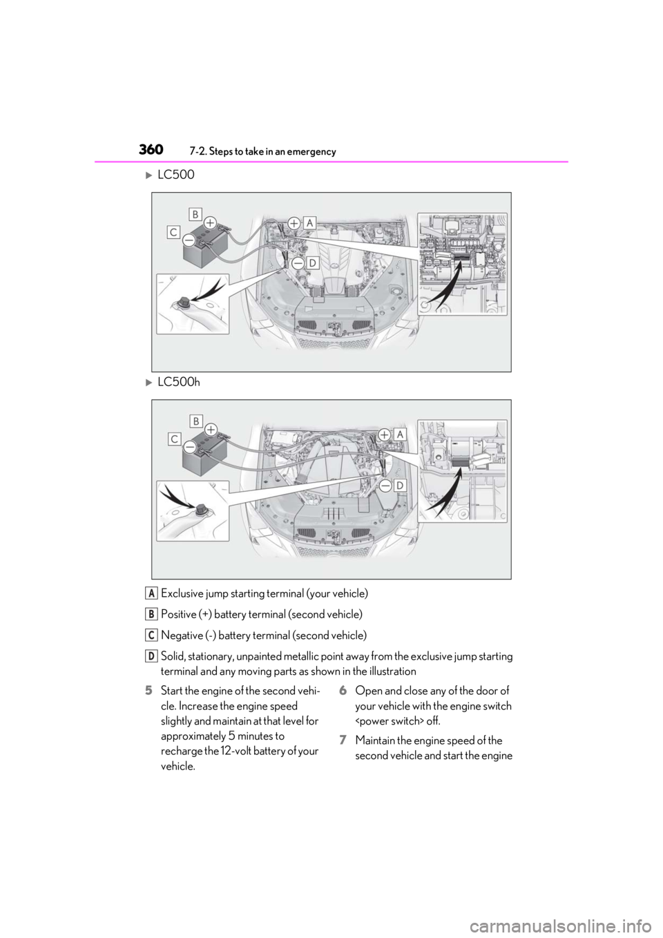 lexus LC500 2019  Owners Manual / LEXUS 2019 LC 500,LC 500H OWNERS MANUAL (OM11471U) 3607-2. Steps to take in an emergency
LC500
LC500hExclusive jump starting terminal (your vehicle)
Positive (+) battery terminal (second vehicle)
Negative (-) battery terminal (second vehicle)
So