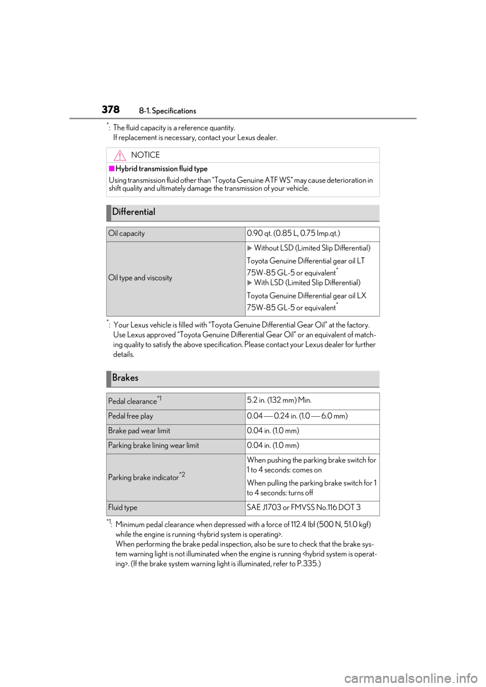 lexus LC500 2019 Owners Manual / LEXUS 2019 LC 500,LC 500H OWNERS MANUAL (OM11471U) 3788-1. Specifications
*: The fluid capacity is a reference quantity.If replacement is necessary, contact your Lexus dealer.
*: Your Lexus vehicle is filled with “Toyota Genu ine Differential Gear O lexus LC500 2019 Owners Manual / LEXUS 2019 LC 500,LC 500H OWNERS MANUAL (OM11471U) 3788-1. Specifications
*: The fluid capacity is a reference quantity.If replacement is necessary, contact your Lexus dealer.
*: Your Lexus vehicle is filled with “Toyota Genu ine Differential Gear O