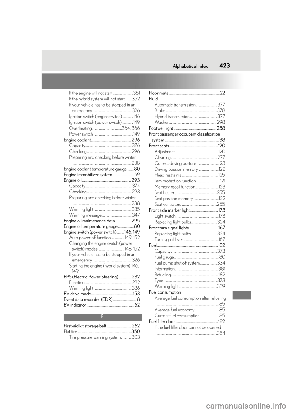 lexus LC500 2019  Owners Manual / LEXUS 2019 LC 500,LC 500H OWNERS MANUAL (OM11471U) Alphabetical index423
If the engine will not start .........................351
If the hybrid system will not start ........ 352
If your vehicle has to be stopped in an 
emergency ....................