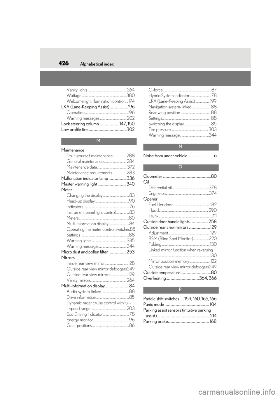 lexus LC500 2019  Owners Manual / LEXUS 2019 LC 500,LC 500H OWNERS MANUAL (OM11471U) 426Alphabetical index
Vanity lights .................................................. 264
Wattage......................................................... 380
Welcome light illumination control .... 