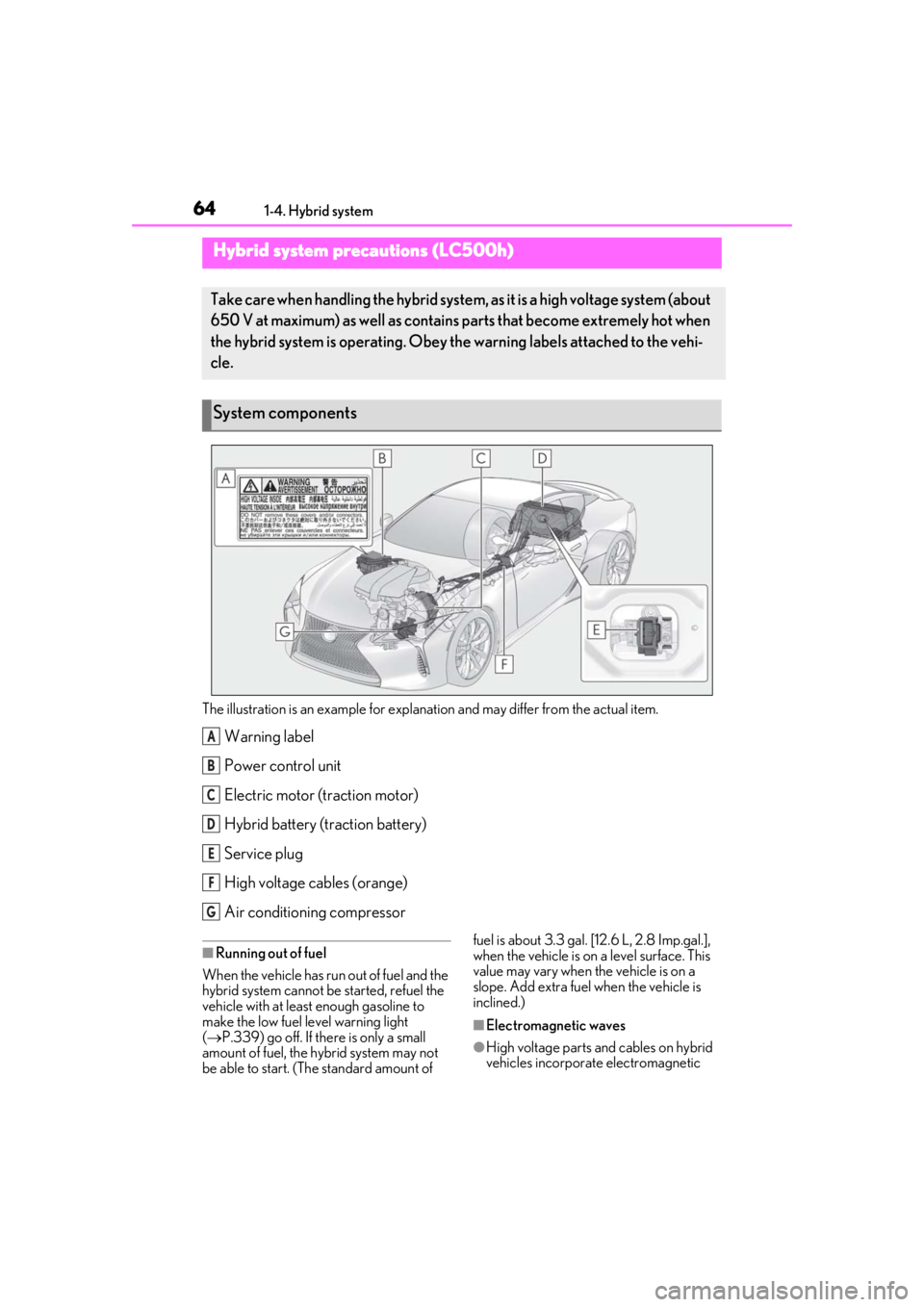 lexus LC500 2019   / LEXUS 2019 LC 500,LC 500H  (OM11471U) Repair Manual 641-4. Hybrid system
The illustration is an example for explanation and may differ from the actual item.
Warning label
Power control unit
Electric motor (traction motor)
Hybrid battery (traction batte