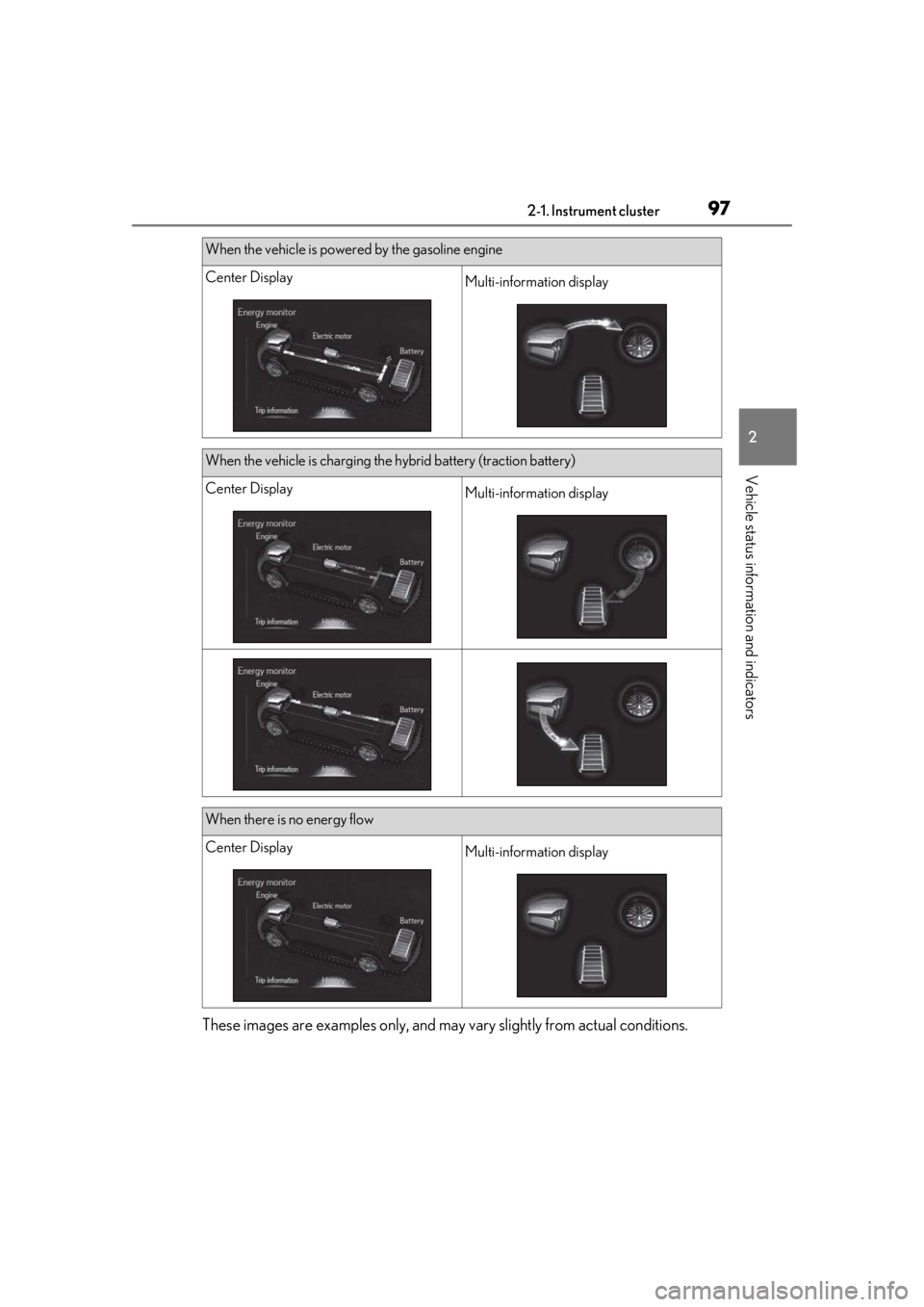 lexus LC500 2019 / LEXUS 2019 LC 500,LC 500H (OM11471U) Owners Manual 972-1. Instrument cluster
2
Vehicle status information and indicators
These images are examples only, and may vary slightly from actual conditions.
When the vehicle is powered by the gasoline engine
C lexus LC500 2019 / LEXUS 2019 LC 500,LC 500H (OM11471U) Owners Manual 972-1. Instrument cluster
2
Vehicle status information and indicators
These images are examples only, and may vary slightly from actual conditions.
When the vehicle is powered by the gasoline engine
C