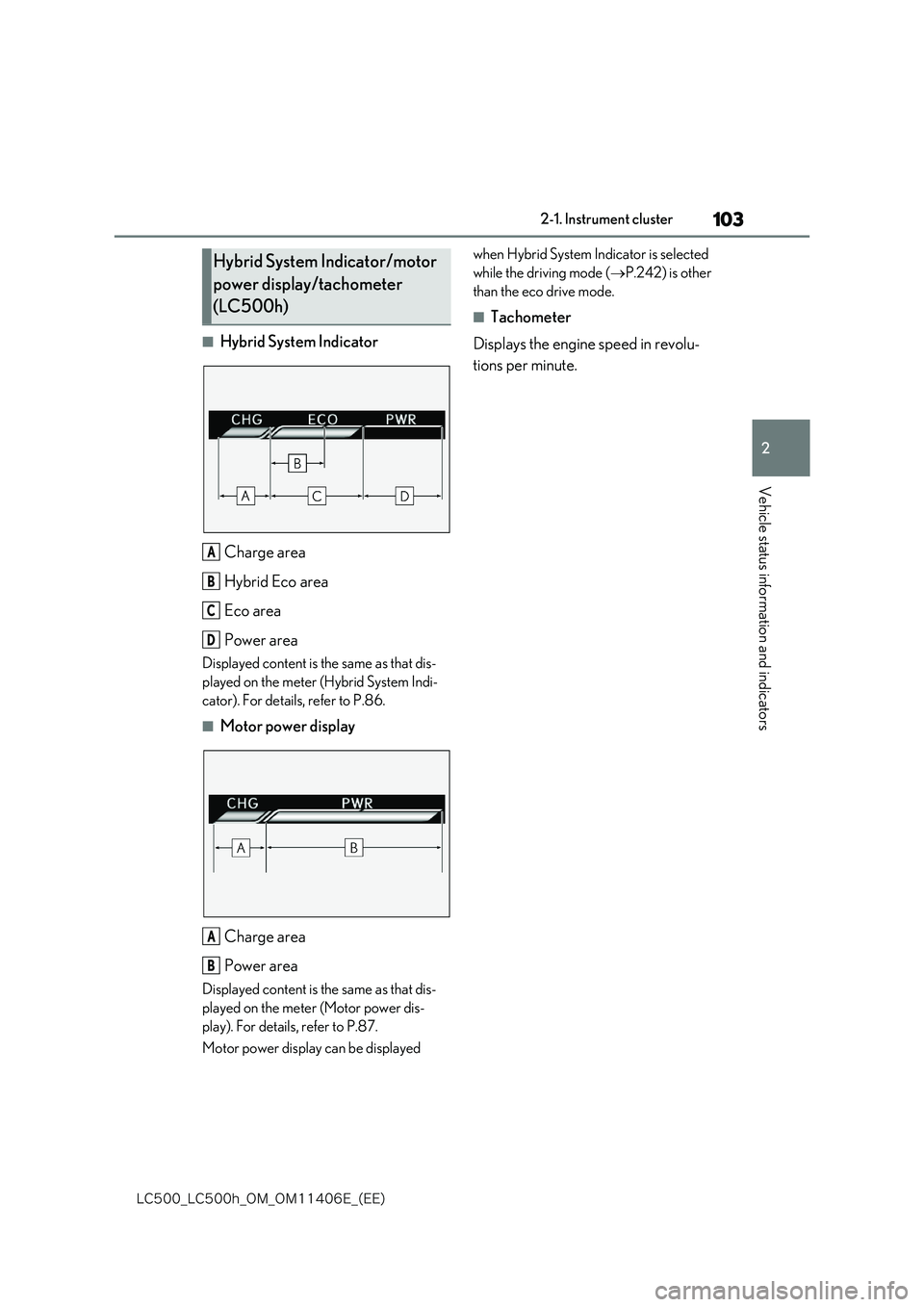 lexus LC500 2018  Owners Manual 103
2
�-�$����@�-�$����I�@�0�.�@�0�.������&�@�	�&�&�

2-1. Instrument cluster
Vehicle status information and indicators
■Hybrid System Indicator 
Charge area 
Hybrid Eco area
Eco area
Pow